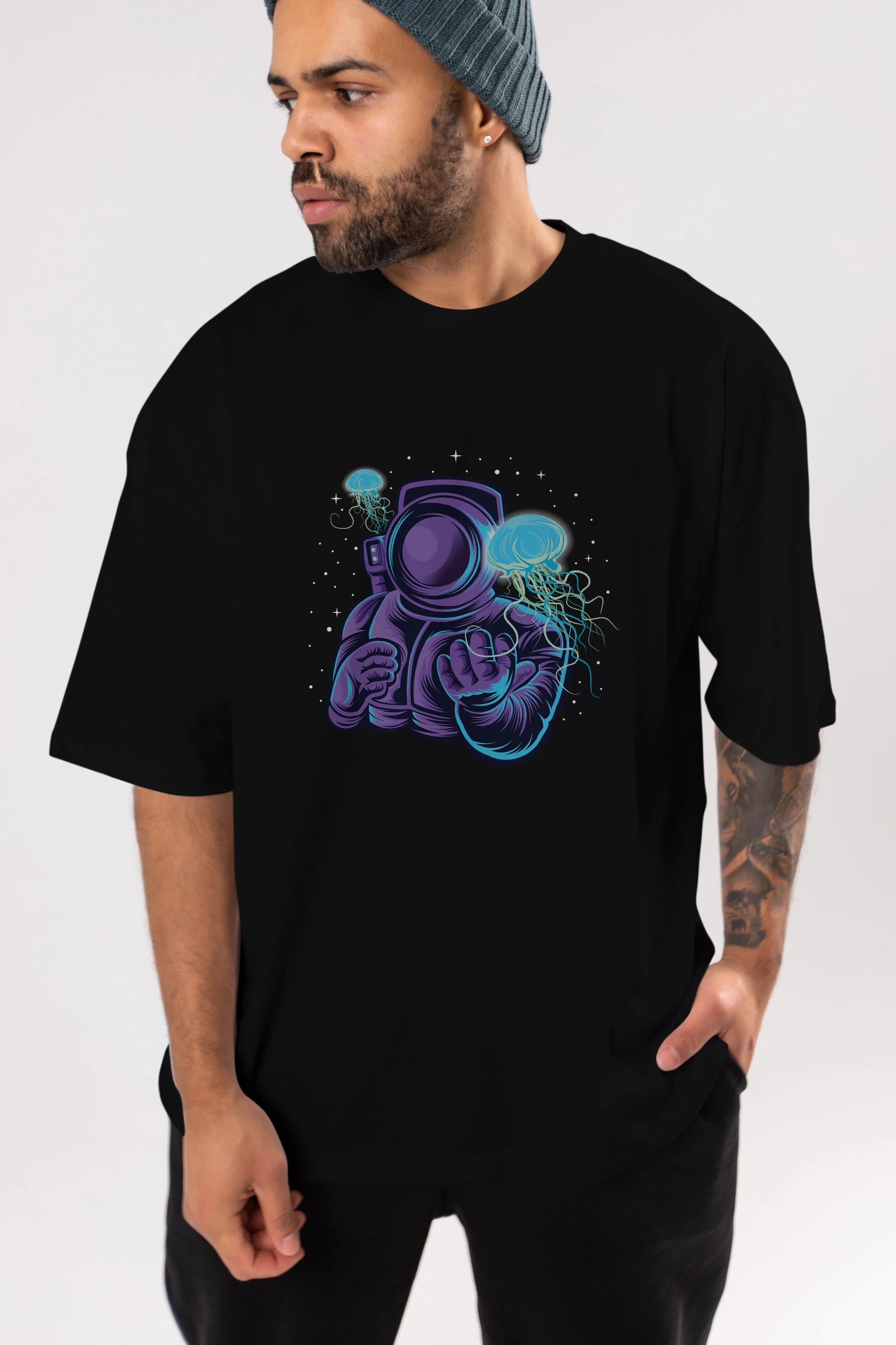 Astronaut and Jellyfish Ön Baskılı Oversize t-shirt Erkek Kadın Unisex