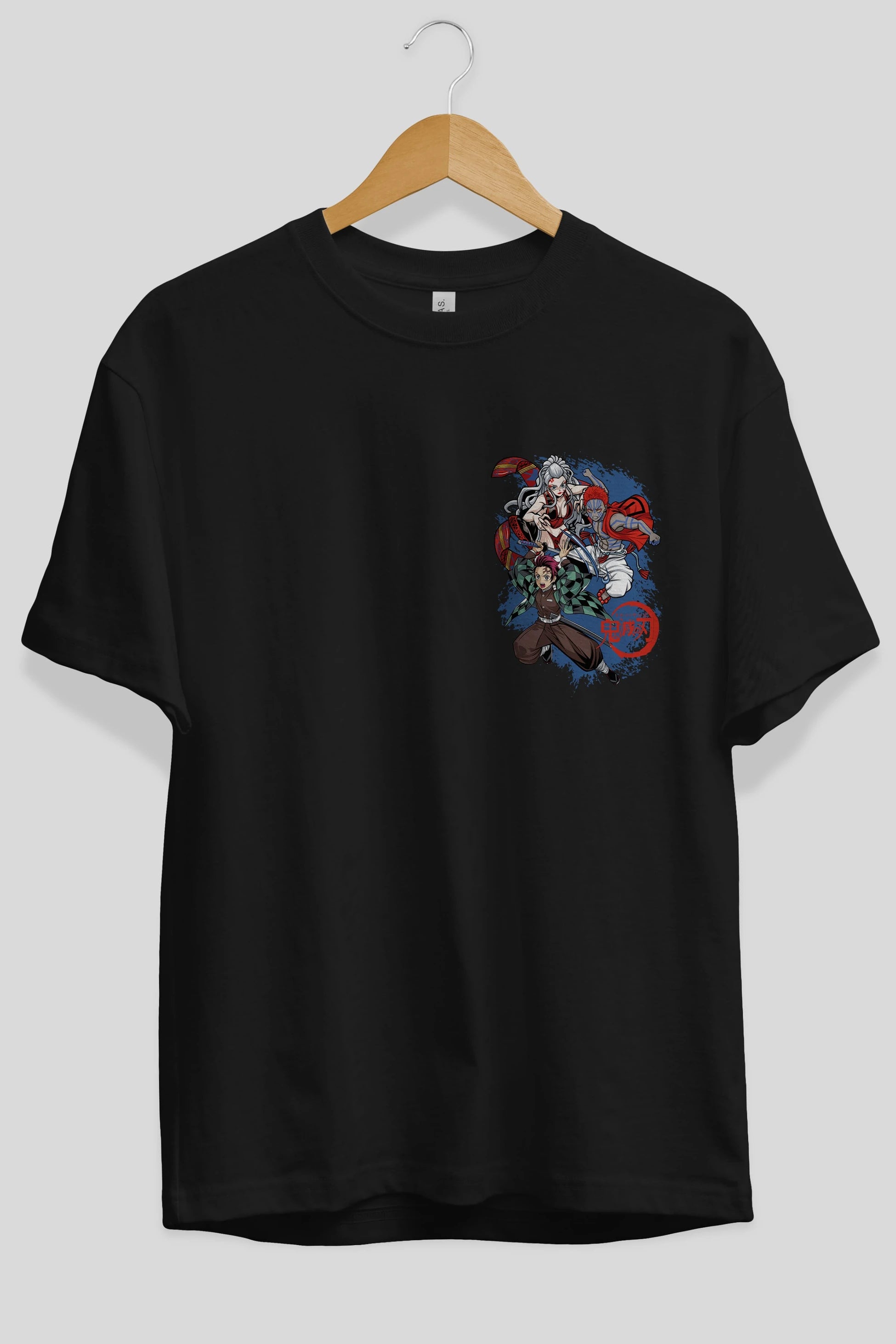 TANJIRO ,AKAZA,DAKI Ön Sol Baskılı Oversize t-shirt Erkek Kadın Unisex %100 Pamuk Bisiklet Yaka tişort