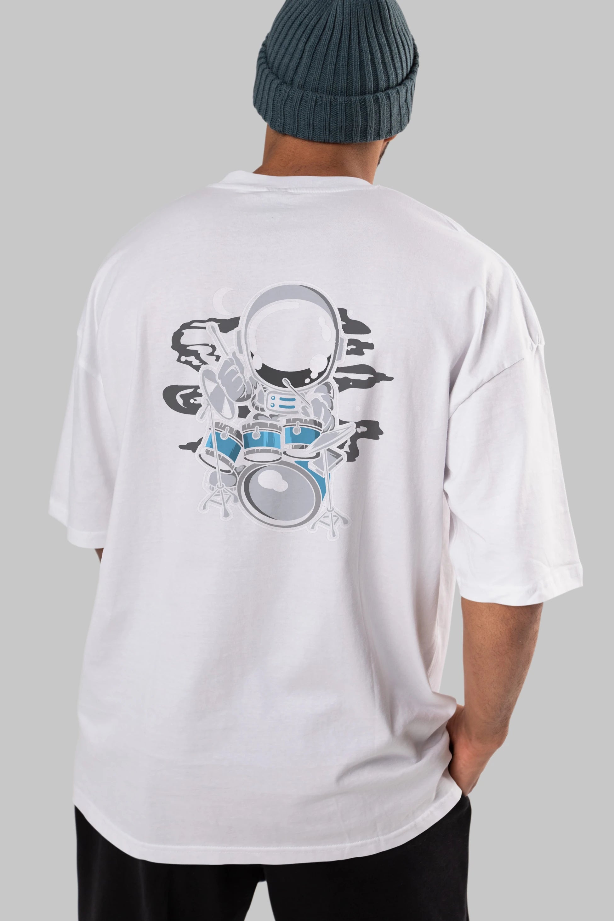 Astronaut Drummer Arka Baskılı Oversize t-shirt Erkek Kadın Unisex