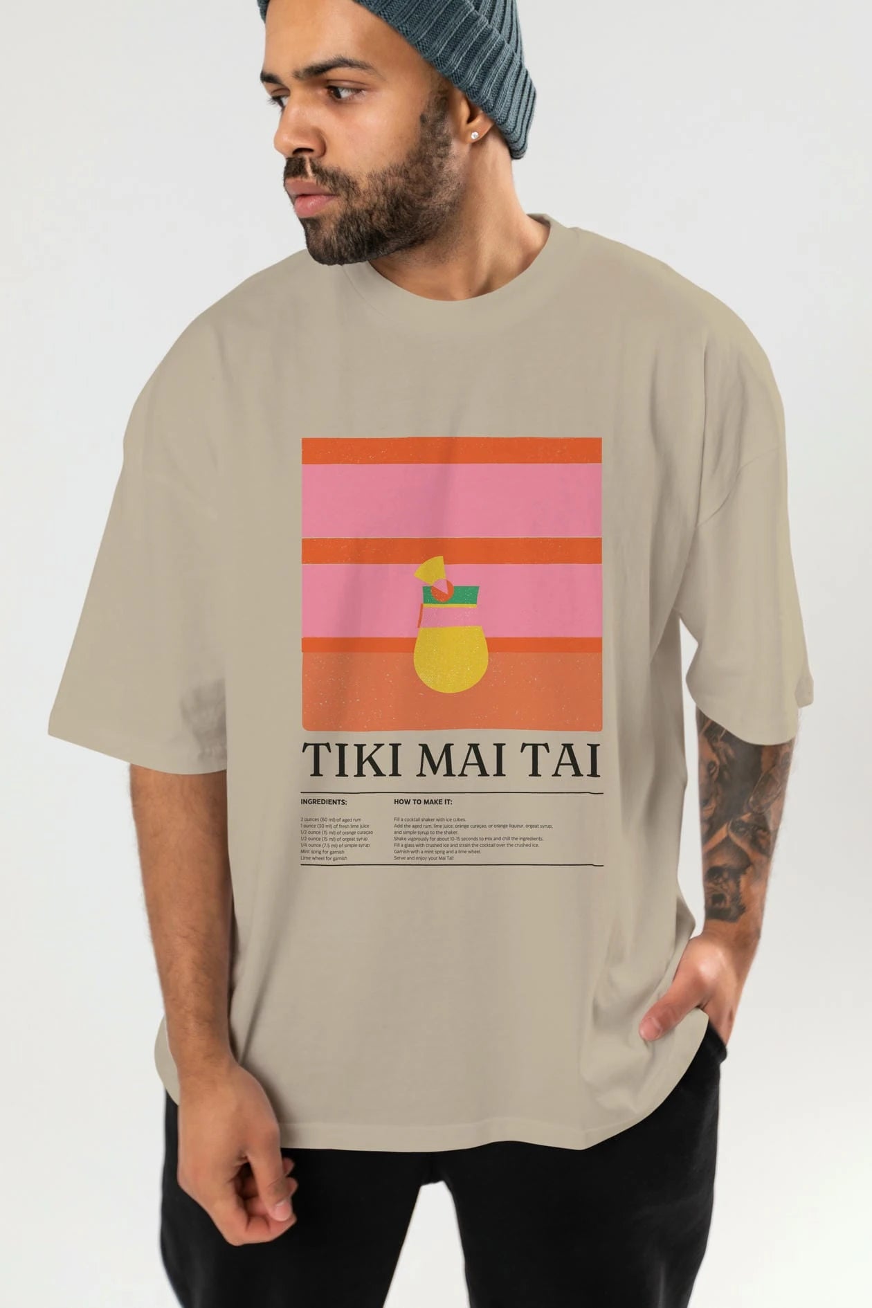 Tiki Mai Tai Kokteyl Ön Baskılı Oversize t-shirt Erkek Kadın %100 Pamuk Bisiklet Yaka tişort