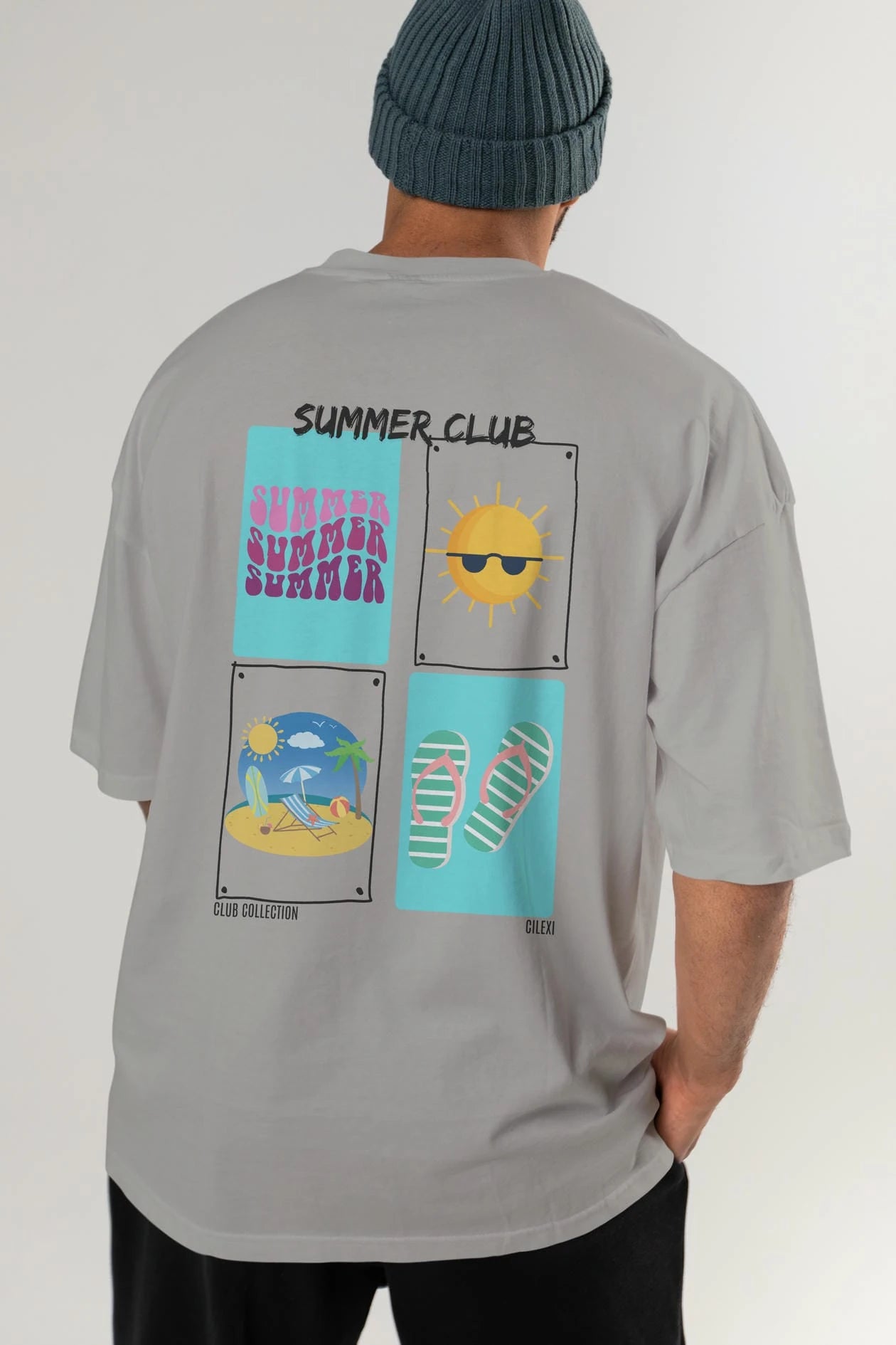 Summer Club Arka Baskılı Oversize t-shirt Erkek Kadın %100 Pamuk Bisiklet Yaka tişort