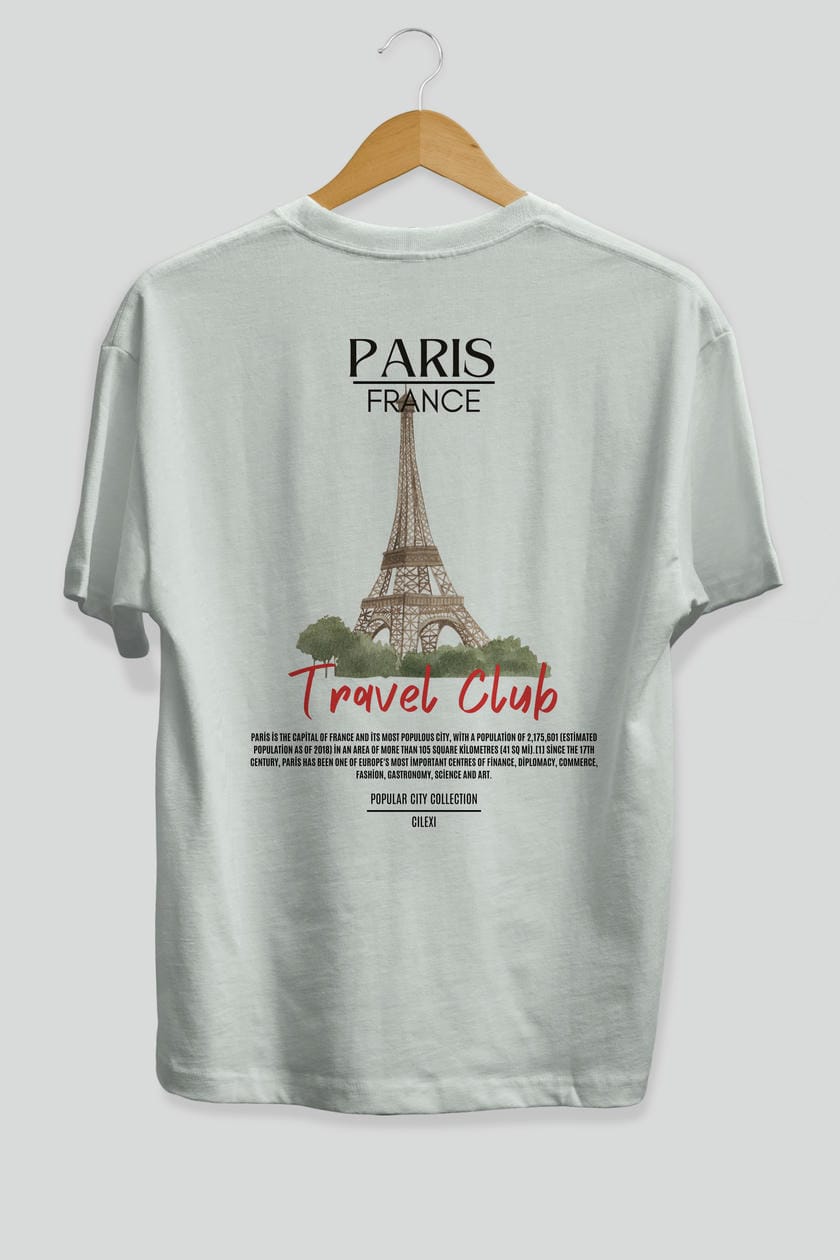 Paris France Arka Baskılı Oversize t-shirt Erkek Kadın Pamuk Bisiklet Yaka tişort