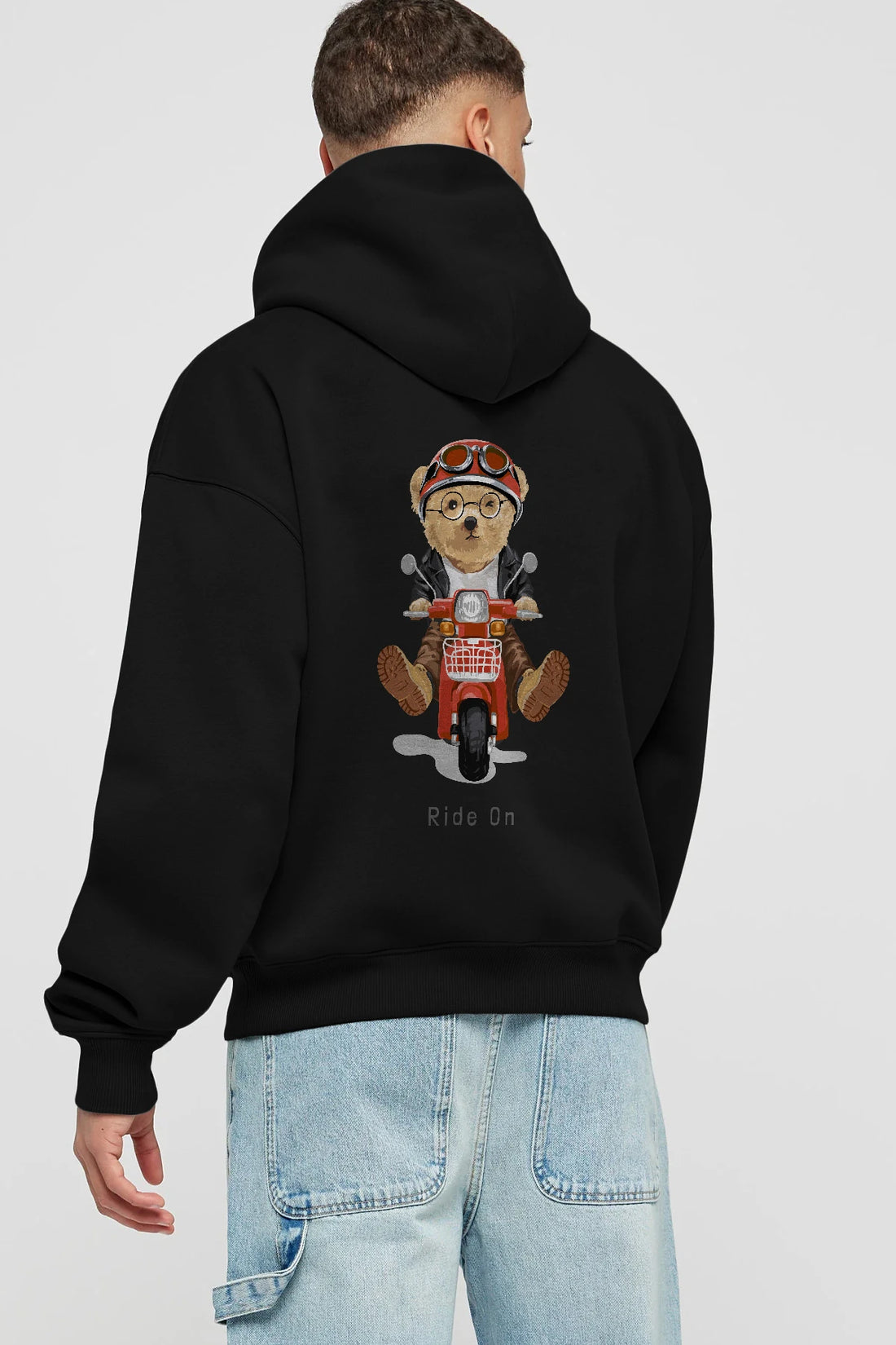 Teddy Bear Ride On Arka Baskılı Hoodie Oversize Kapüşonlu Sweatshirt Erkek Kadın Unisex