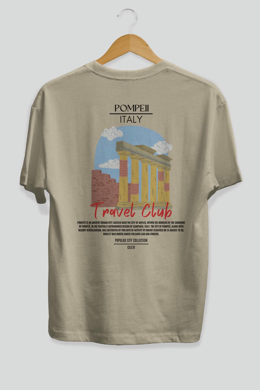 Pompeii İtaly Arka Baskılı Oversize t-shirt Erkek Kadın Pamuk Bisiklet Yaka tişort