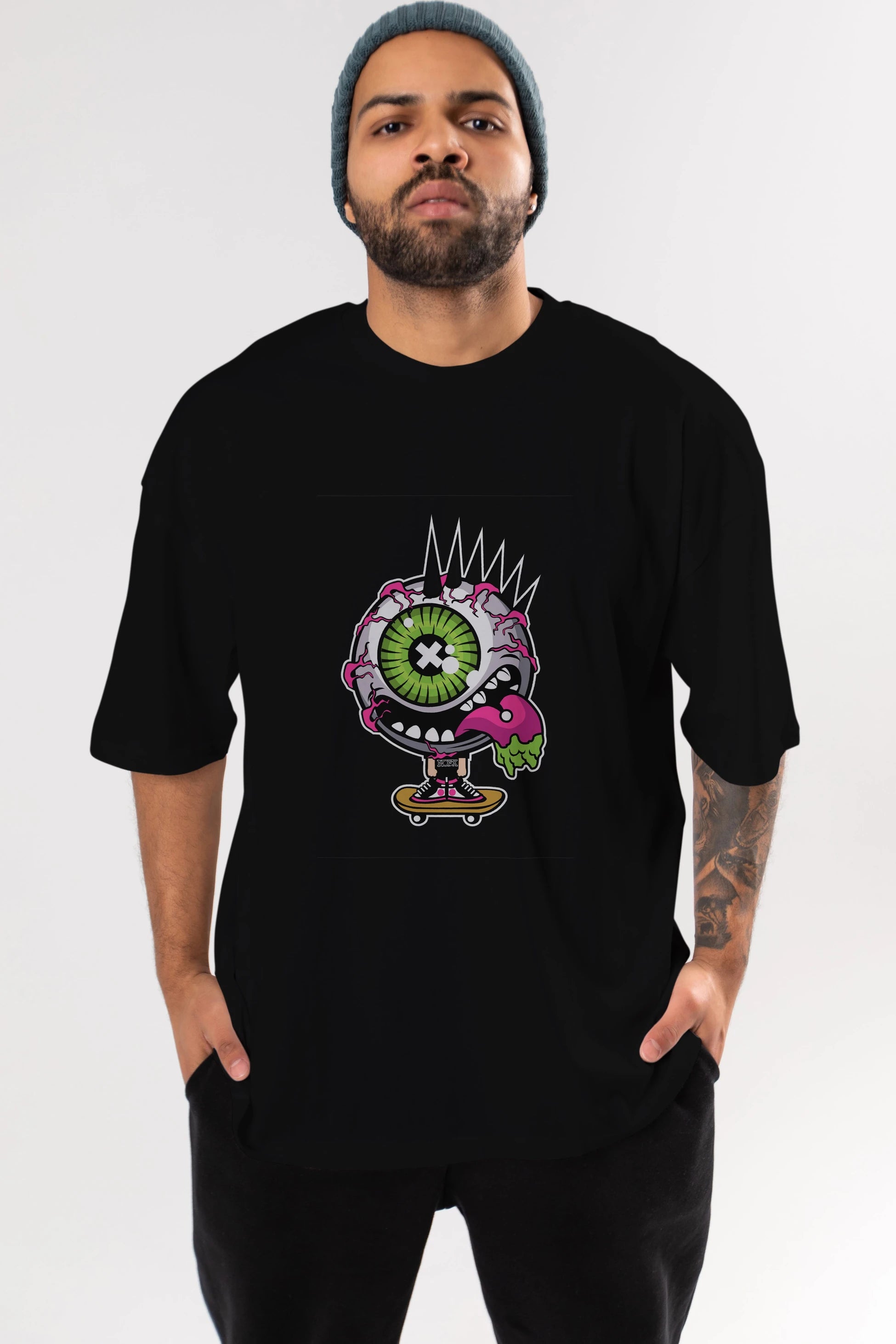 Eye Monster Skater Ön Baskılı Oversize t-shirt Erkek Kadın Unisex %100 Pamuk tişort