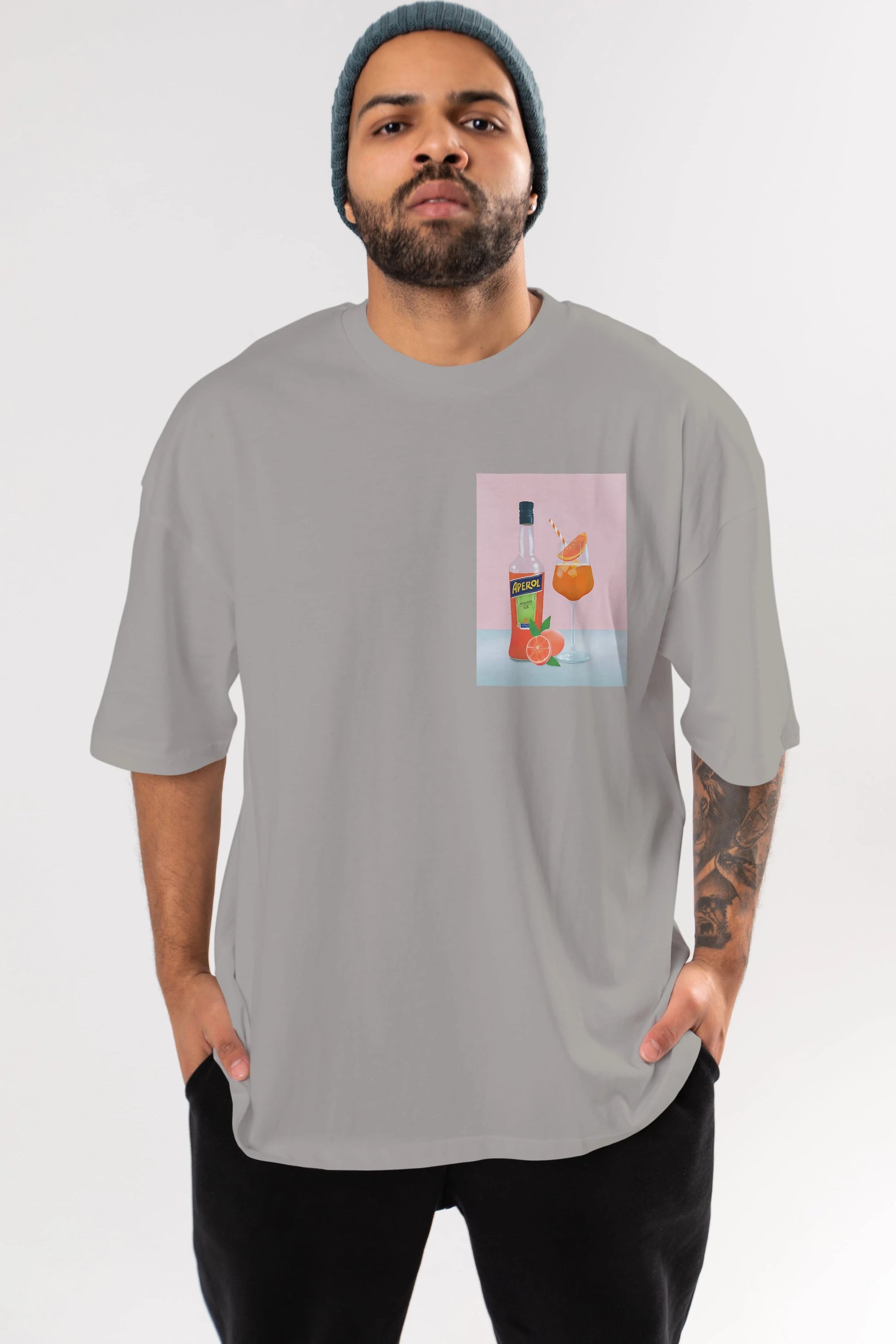 Aperol Spritz 3 Ön Sol Baskılı Oversize t-shirt Erkek Kadın Unisex %100 Pamuk Bisiklet Yaka tişort
