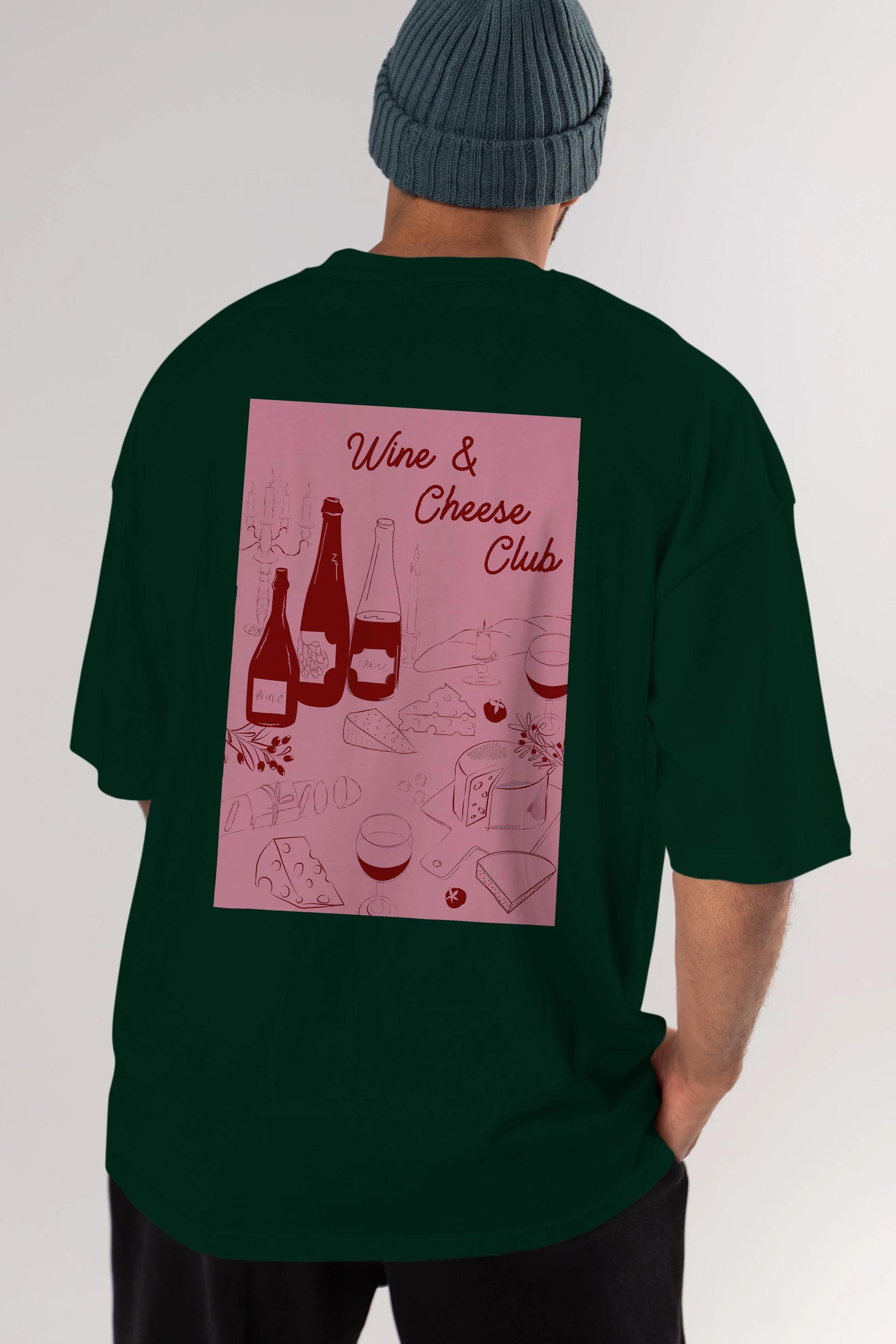 Wine Cheese Club Arka Baskılı Oversize t-shirt Erkek Kadın Unisex %100 Pamuk Bisiklet Yaka tişort