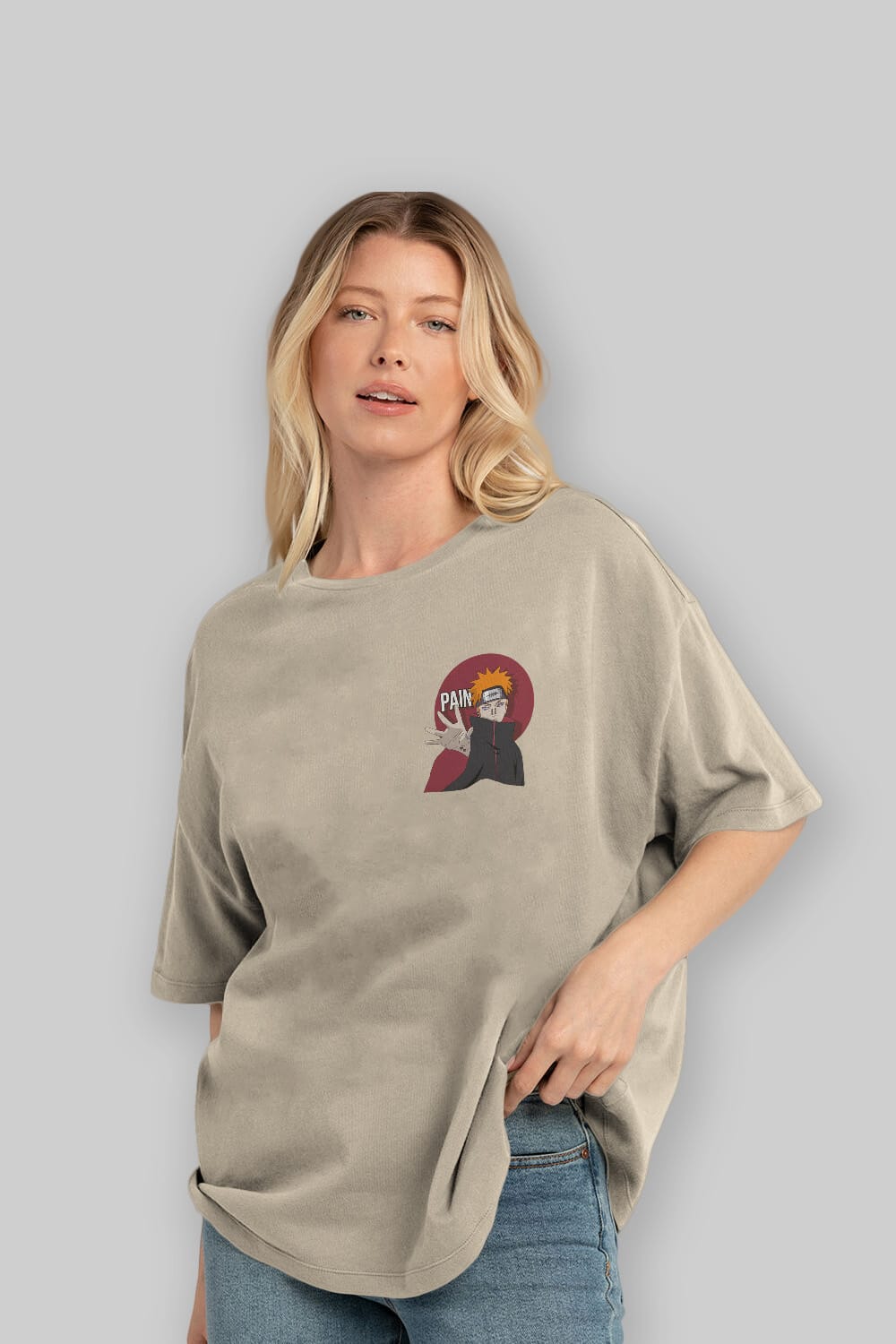 PAIN NARUTO Ön Sol Baskılı Oversize t-shirt Erkek Kadın Unisex %100 Pamuk Bisiklet Yaka tişort