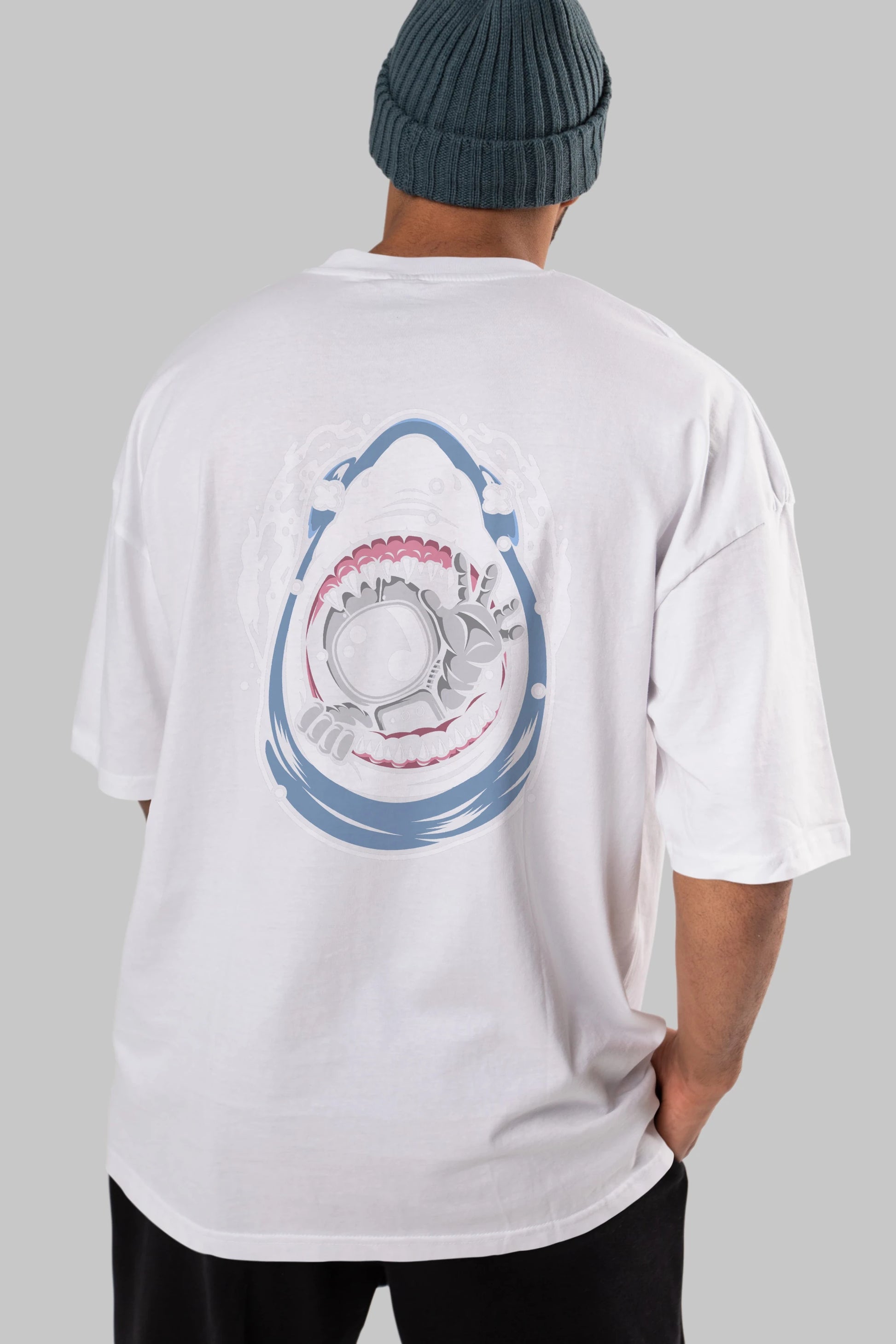 Astronaut Shark Arka Baskılı Oversize t-shirt Erkek Kadın Unisex