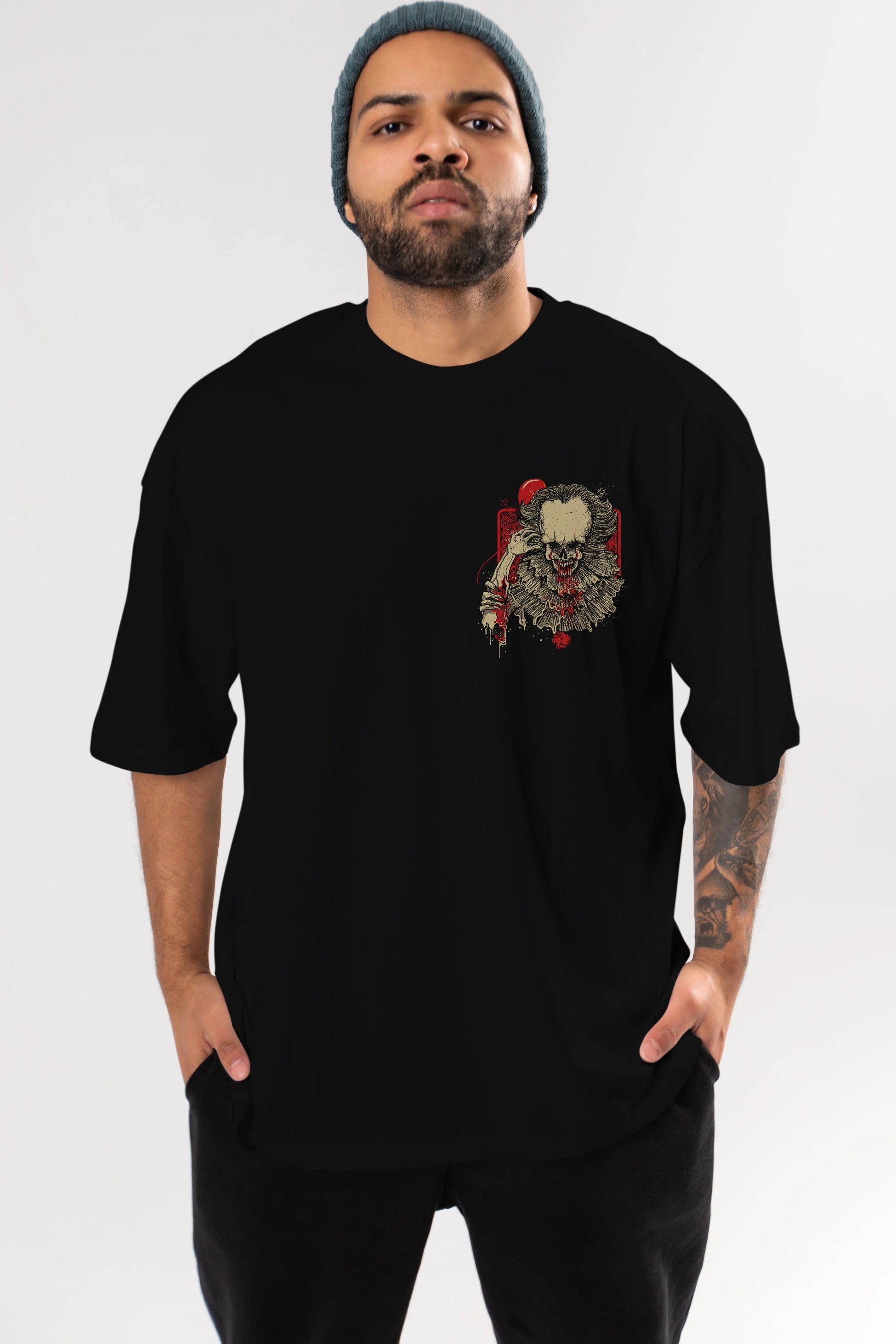 it (2) Ön Sol Baskılı Oversize t-shirt Erkek Kadın Unisex %100 Pamuk Bisiklet Yaka tişort