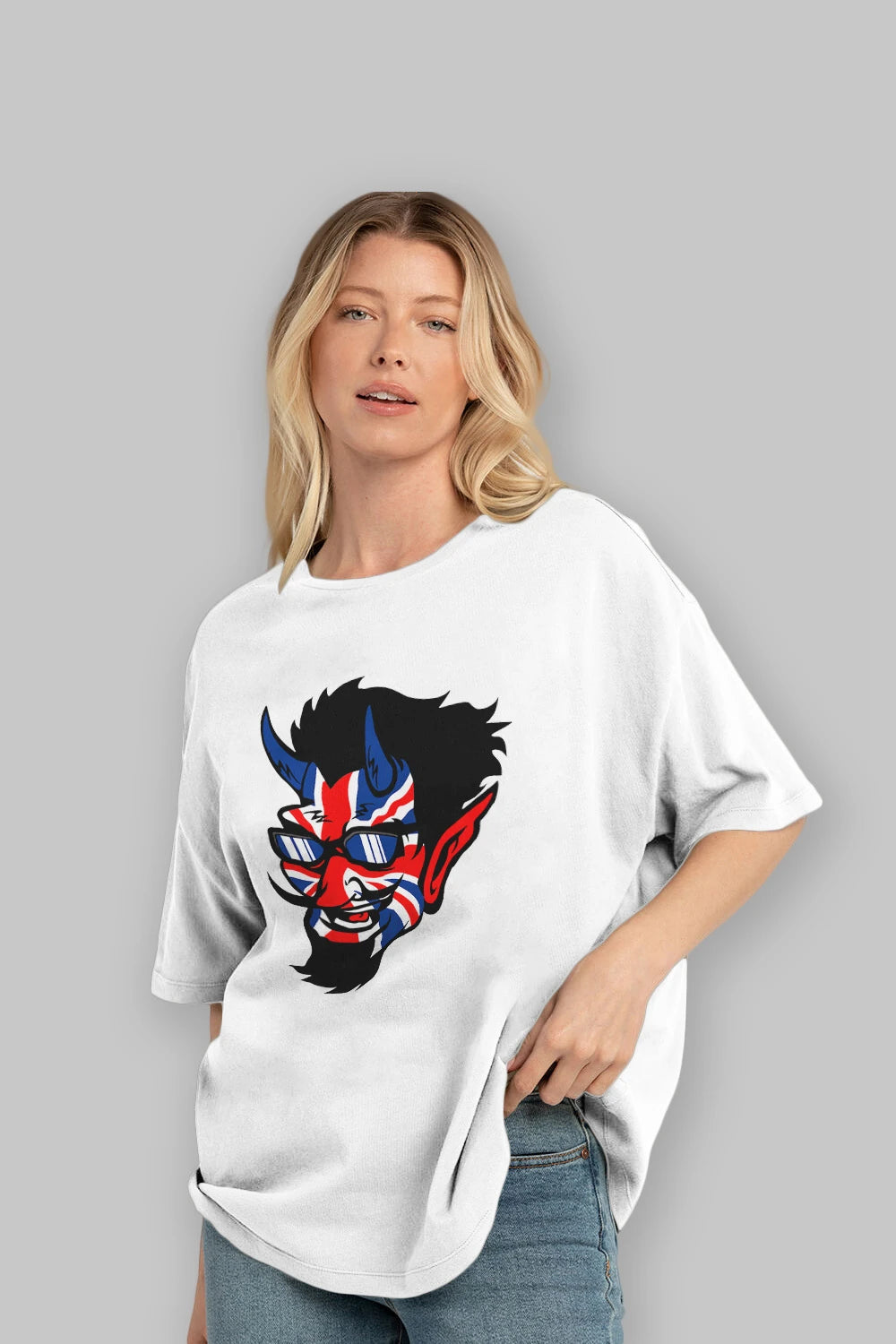 UK Devil Ön Baskılı Oversize t-shirt Erkek Kadın Unisex %100 Pamuk tişort