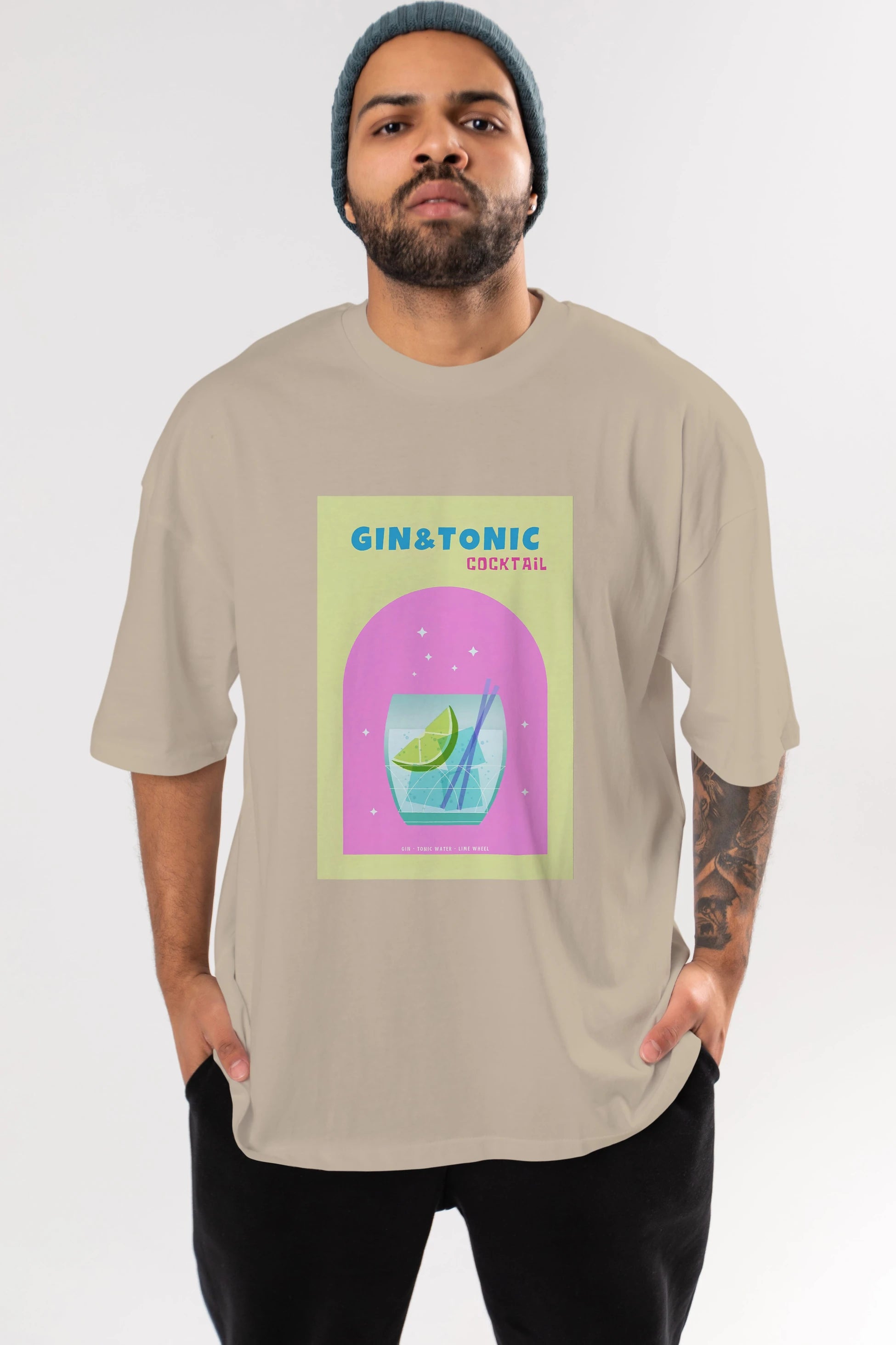 Gin Tonic Cocktail Ön Baskılı Oversize t-shirt Erkek Kadın Unisex %100 Pamuk Bisiklet Yaka tişort