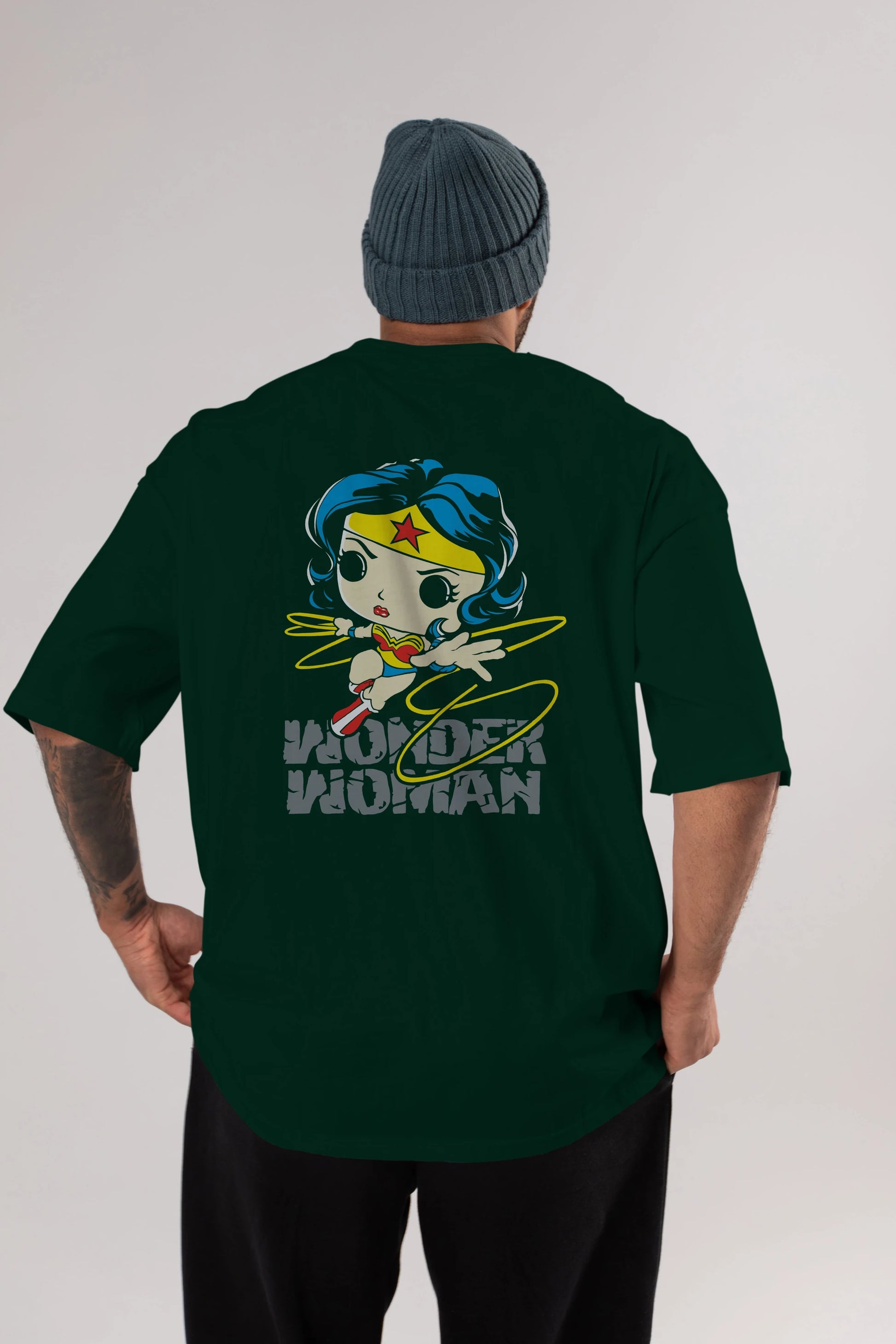 Wonder Woman Arka Baskılı Oversize t-shirt Erkek Kadın Unisex %100 Pamuk Bisiklet Yaka tişort