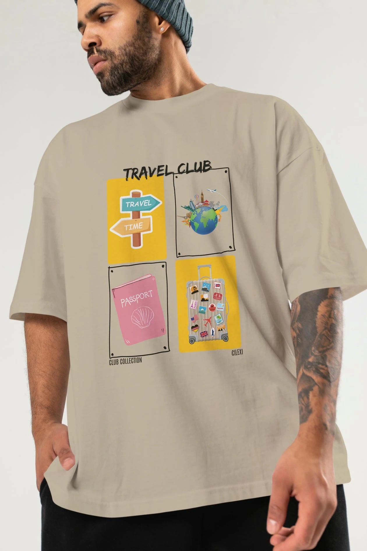 Travel Club ön Baskılı Oversize t-shirt Erkek Kadın %100 Pamuk Bisiklet Yaka tişort