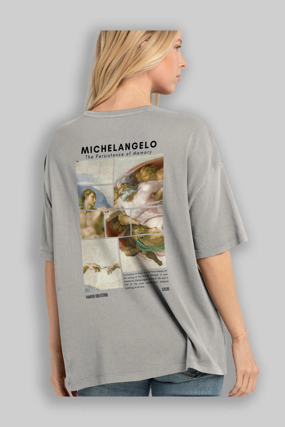 Michelangelo Arka Baskılı Oversize t-shirt Erkek Kadın Bisiklet Yaka Pamuk tişort