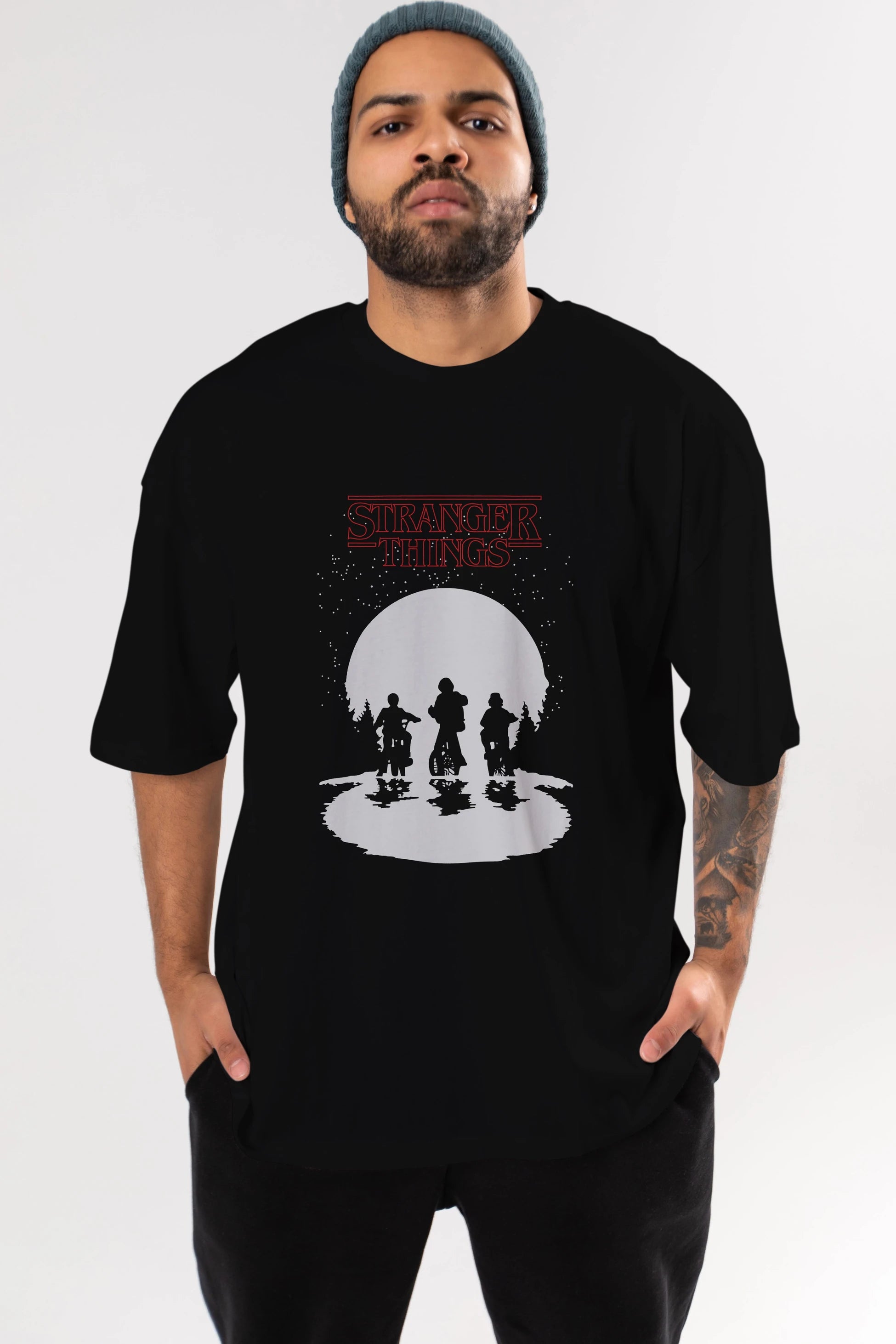 Stranger Things Ön Baskılı Oversize t-shirt Erkek Kadın Unisex %100 Pamuk Bisiklet Yaka tişort