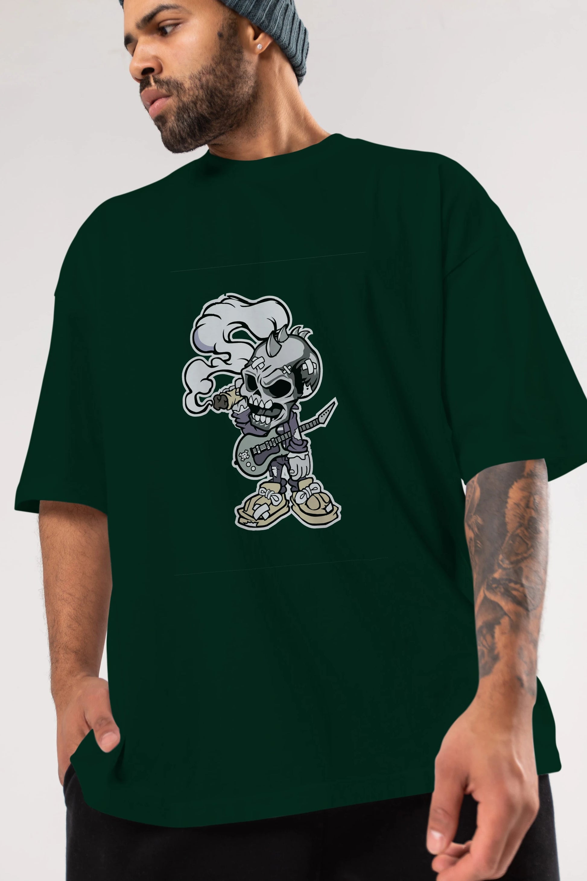 Skull Smoker Punk Rocker Ön Baskılı Oversize t-shirt Erkek Kadın Unisex %100 Pamuk tişort