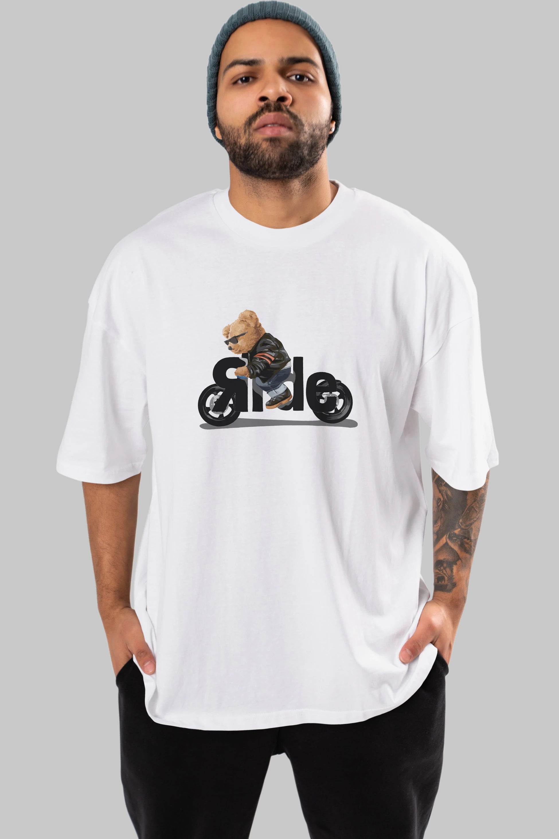 Teddy Bear Ride Ön Baskılı Oversize t-shirt Erkek Kadın Unisex %100 Pamuk