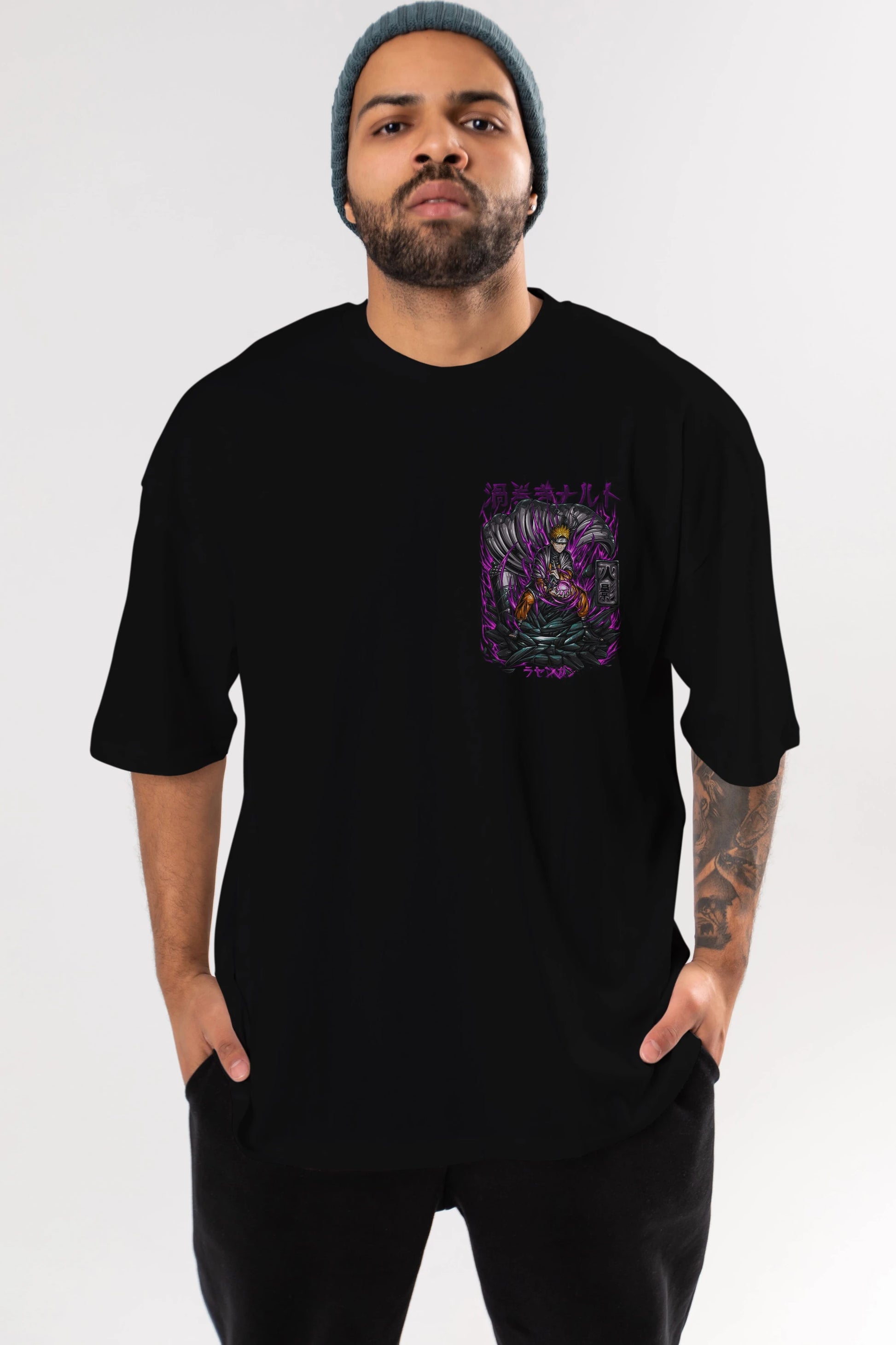 NARUTO Ön Sol Baskılı Oversize t-shirt Erkek Kadın Unisex %100 Pamuk Bisiklet Yaka tişort