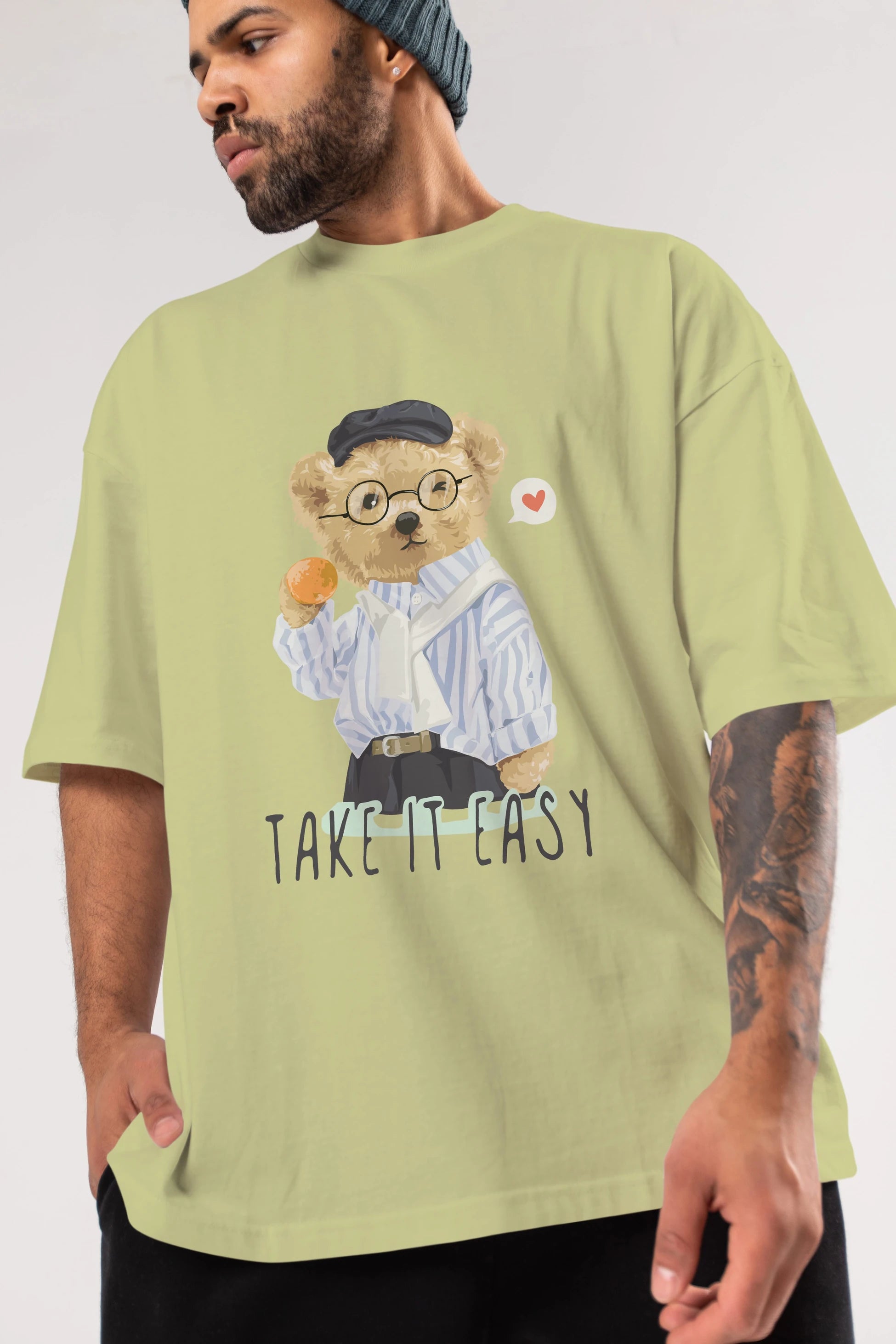 Teddy Bear Take it Easy Ön Baskılı Oversize t-shirt Erkek Kadın Unisex %100 Pamuk