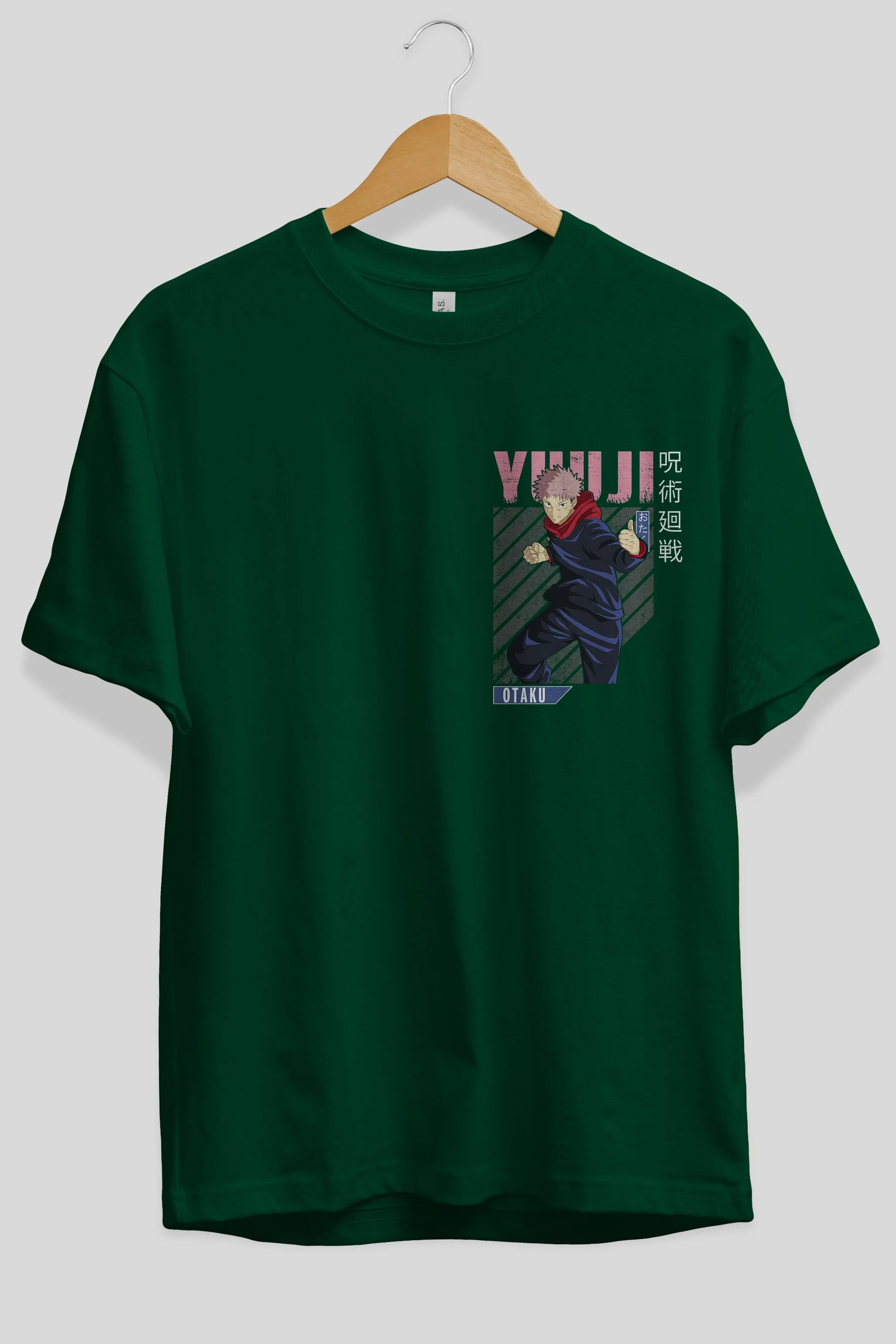 Yuuji Itadori Ön Sol Baskılı Oversize t-shirt Erkek Kadın Unisex %100 Pamuk Bisiklet Yaka tişort