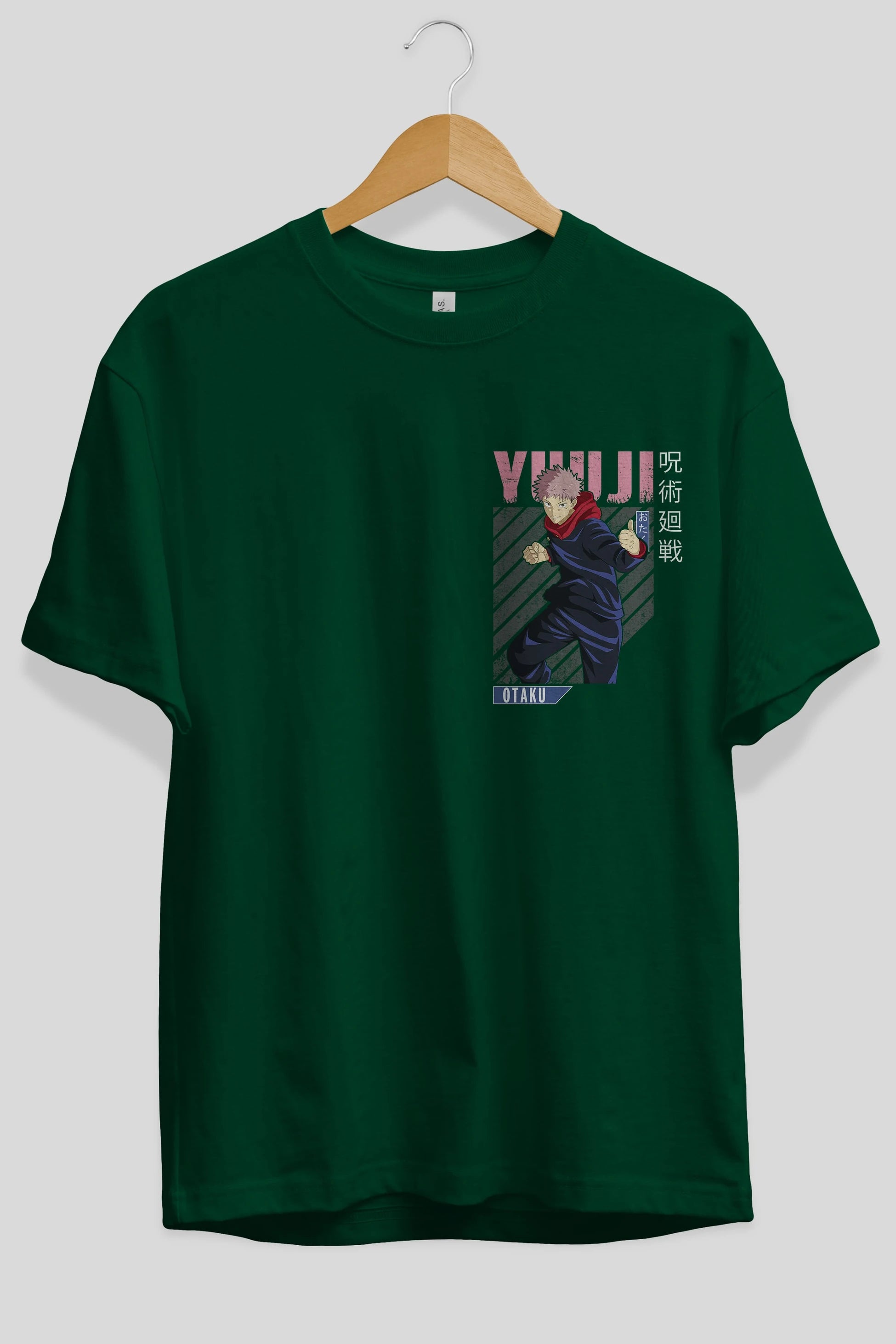 Yuuji Itadori Ön Sol Baskılı Oversize t-shirt Erkek Kadın Unisex %100 Pamuk Bisiklet Yaka tişort