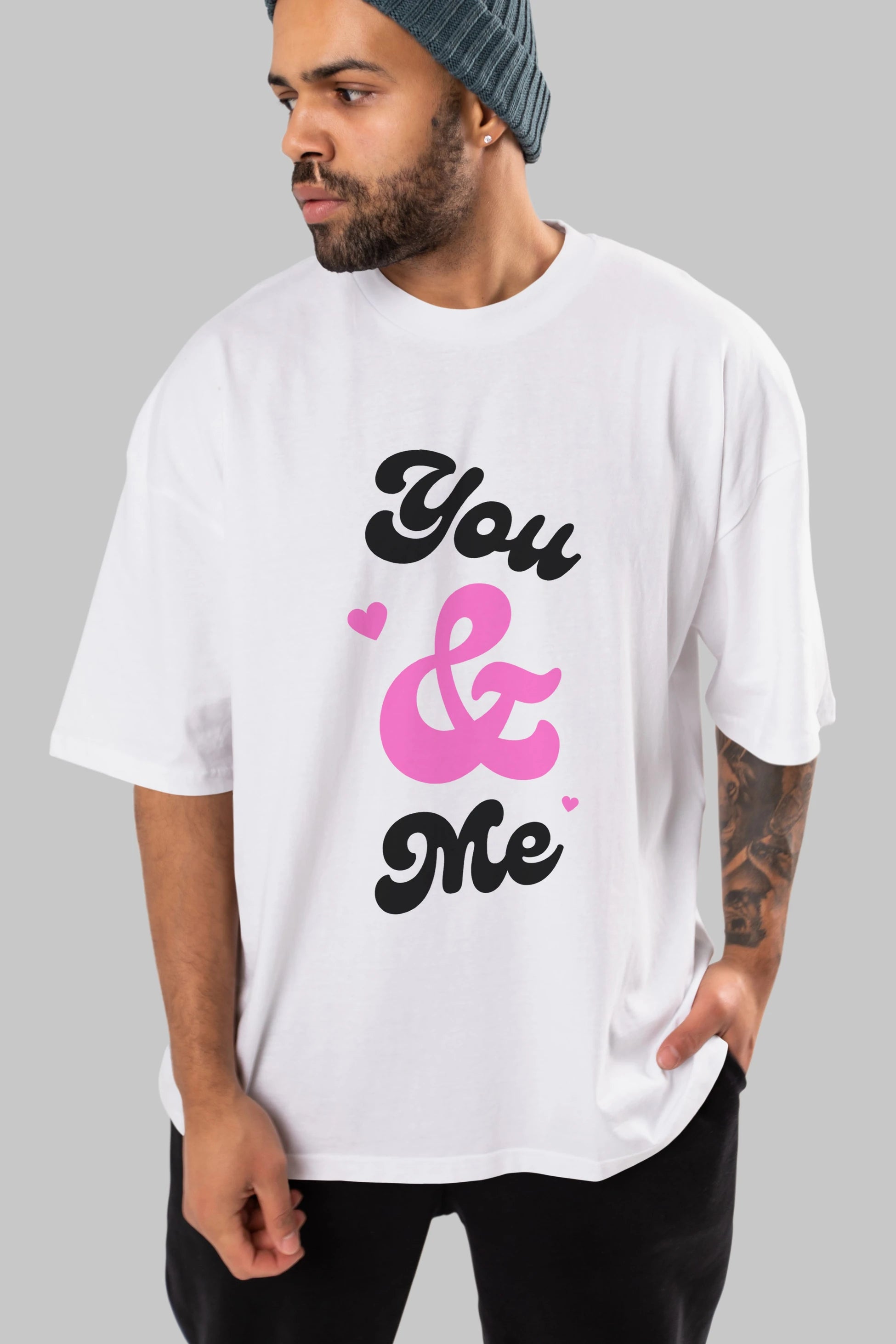 You and Me Yazılı Ön Baskılı Oversize t-shirt Erkek Kadın Unisex