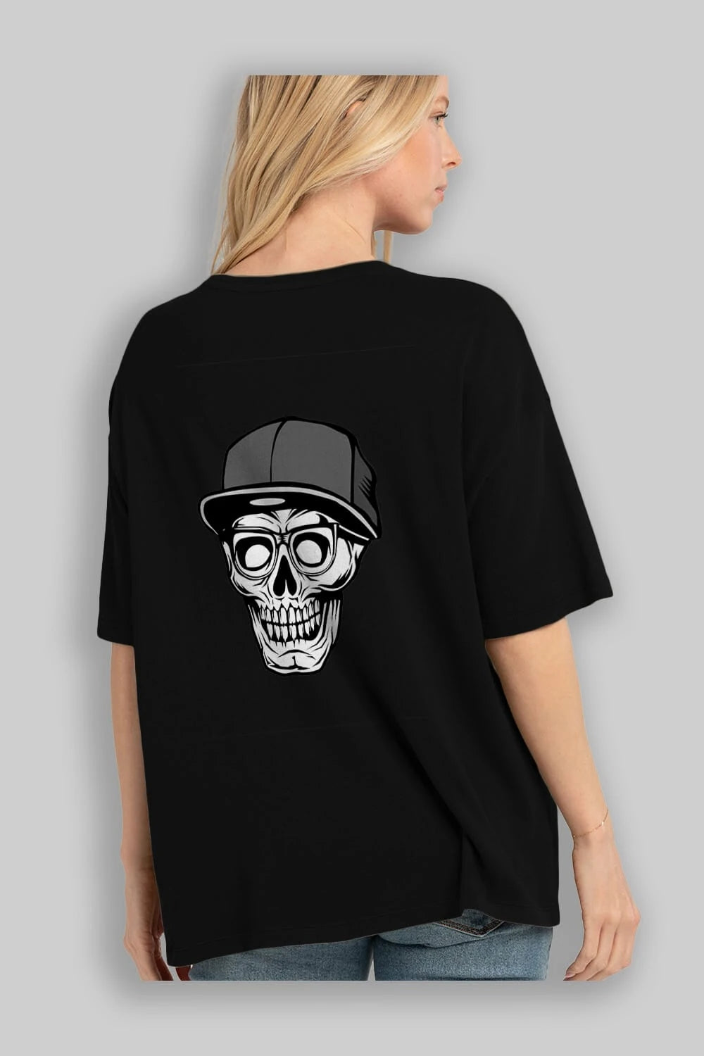 Skull With Hat Arka Baskılı Oversize t-shirt Erkek Kadın Unisex %100 Pamuk tişort