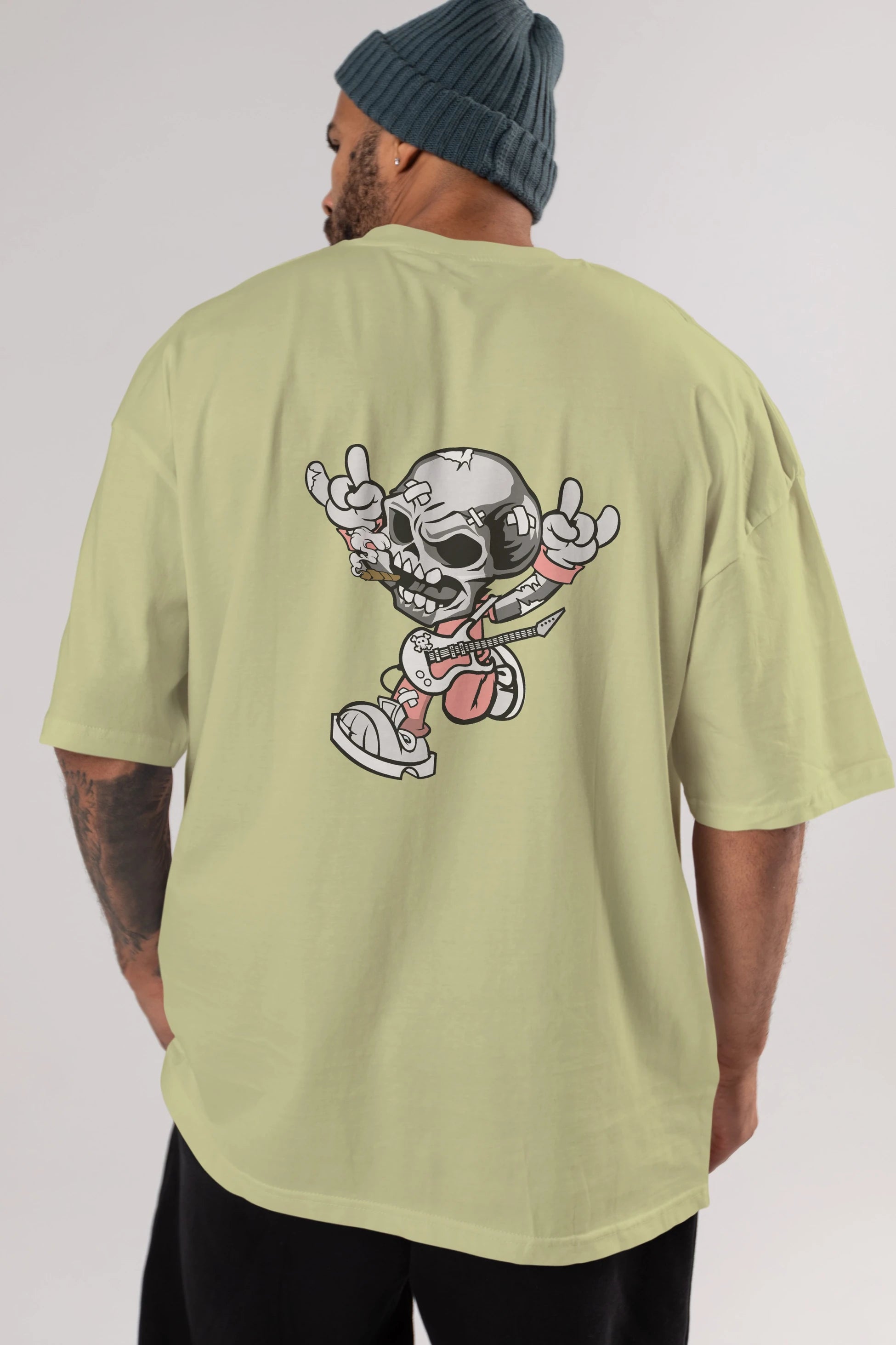 Skull Metal Sign Arka Baskılı Oversize t-shirt Erkek Kadın Unisex %100 Pamuk tişort