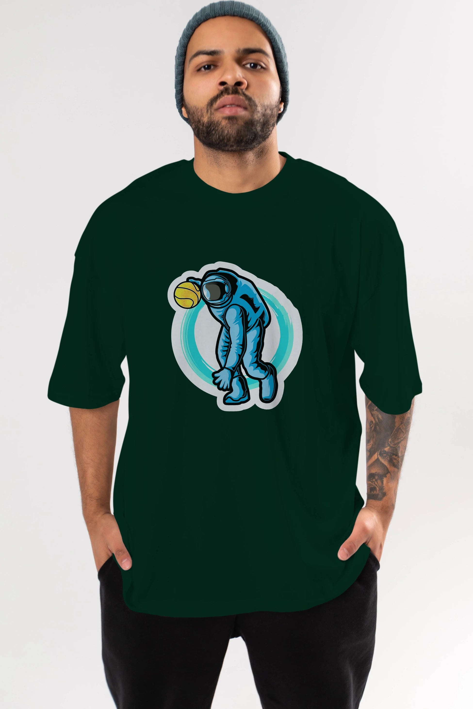 Astronaut Dribble Sticker Ön Baskılı Oversize t-shirt Erkek Kadın Unisex