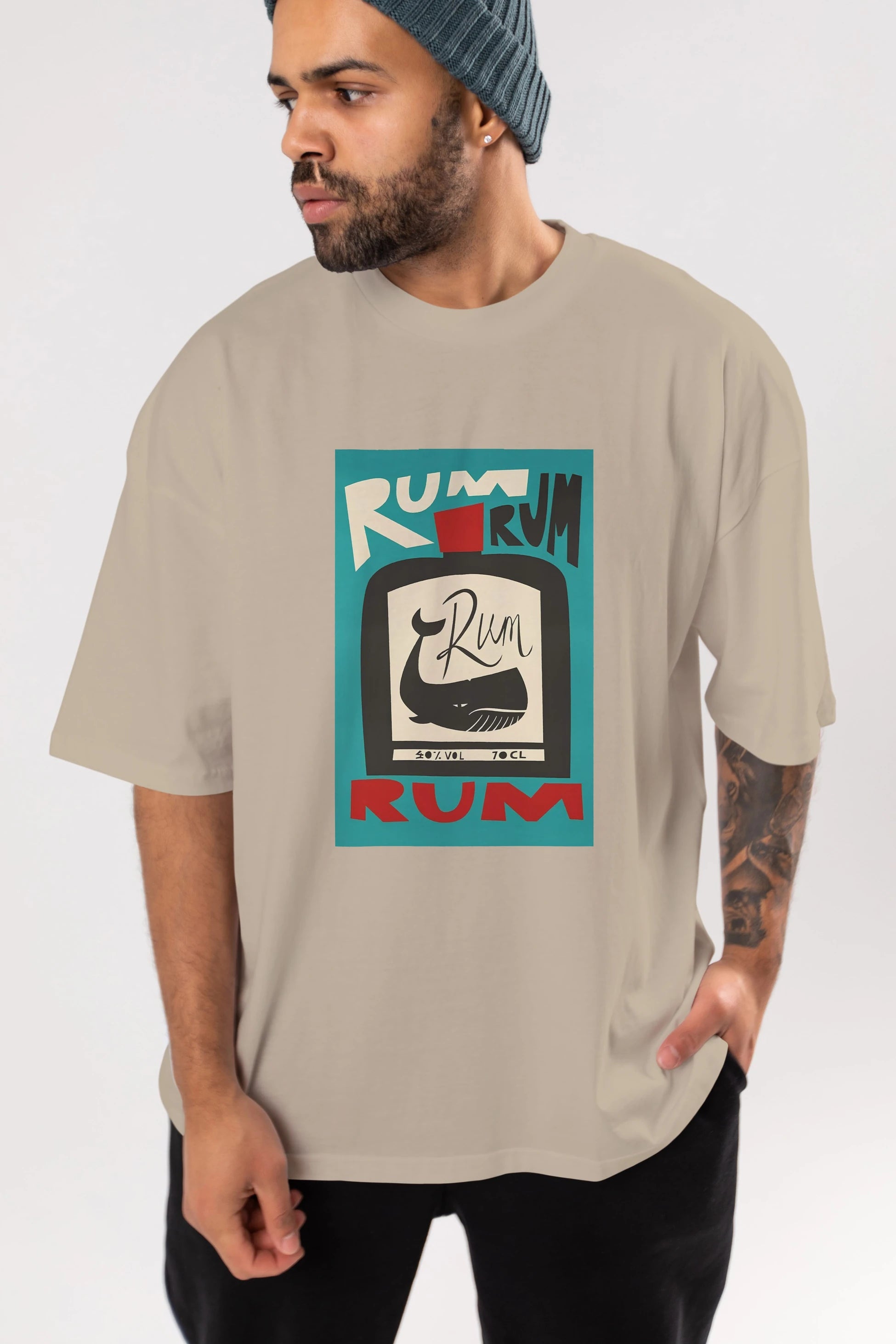 Rum Ön Baskılı Oversize t-shirt Erkek Kadın Unisex %100 Pamuk Bisiklet Yaka tişort