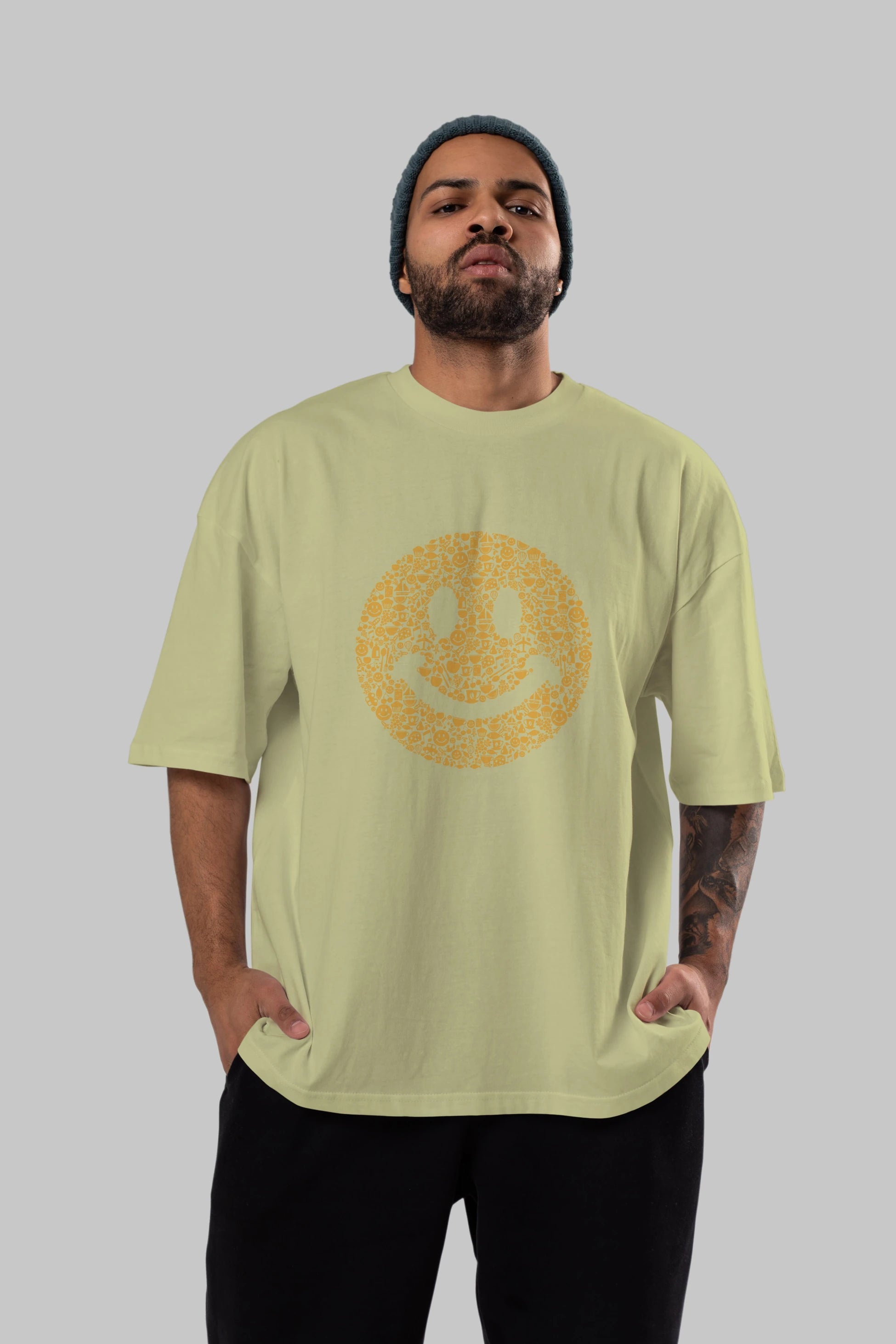 Smiley Ön Baskılı Oversize t-shirt %100 pamuk Erkek Kadın Unisex