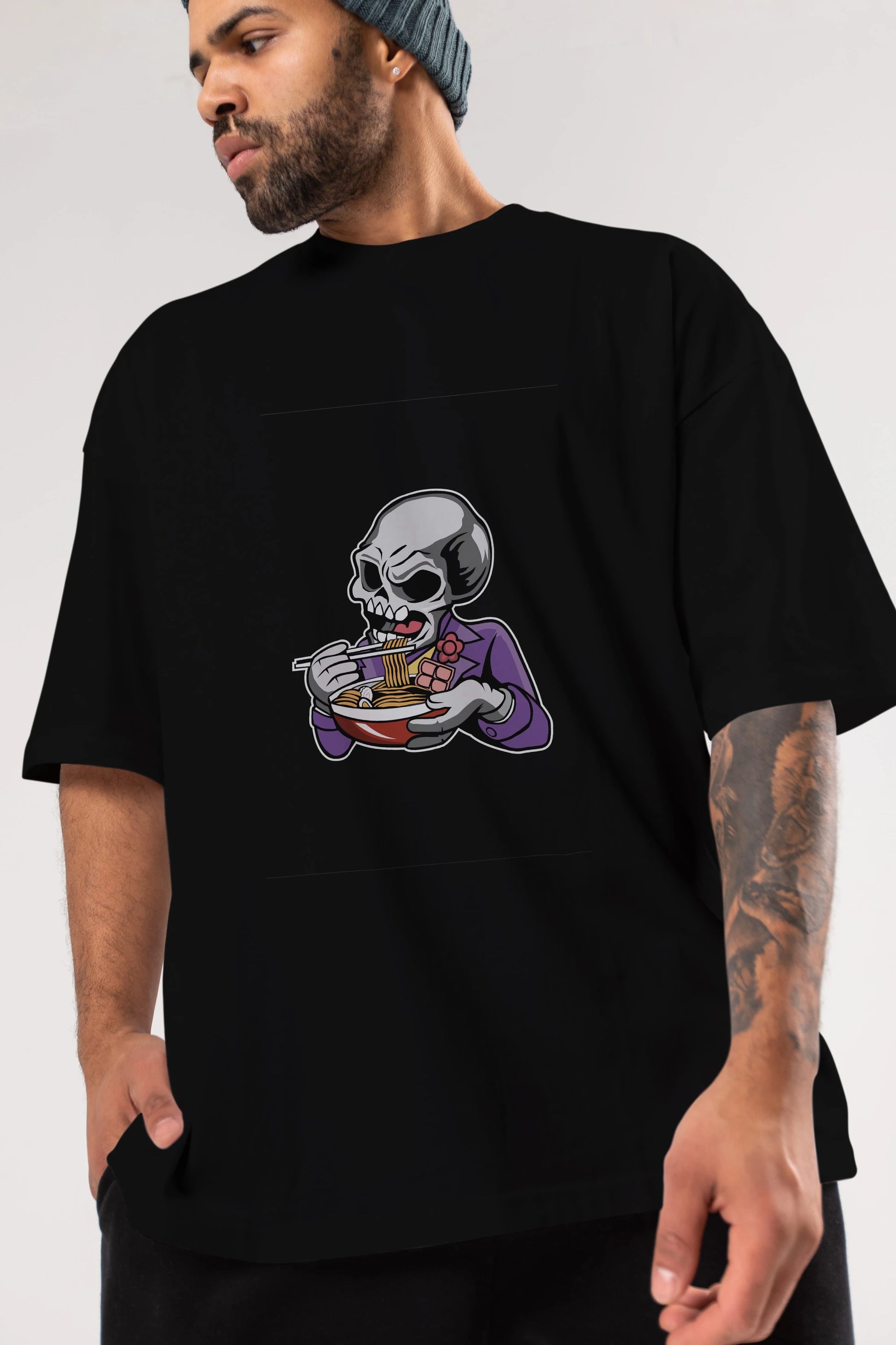 Skull Ramen Ön Baskılı Oversize t-shirt Erkek Kadın Unisex %100 Pamuk tişort