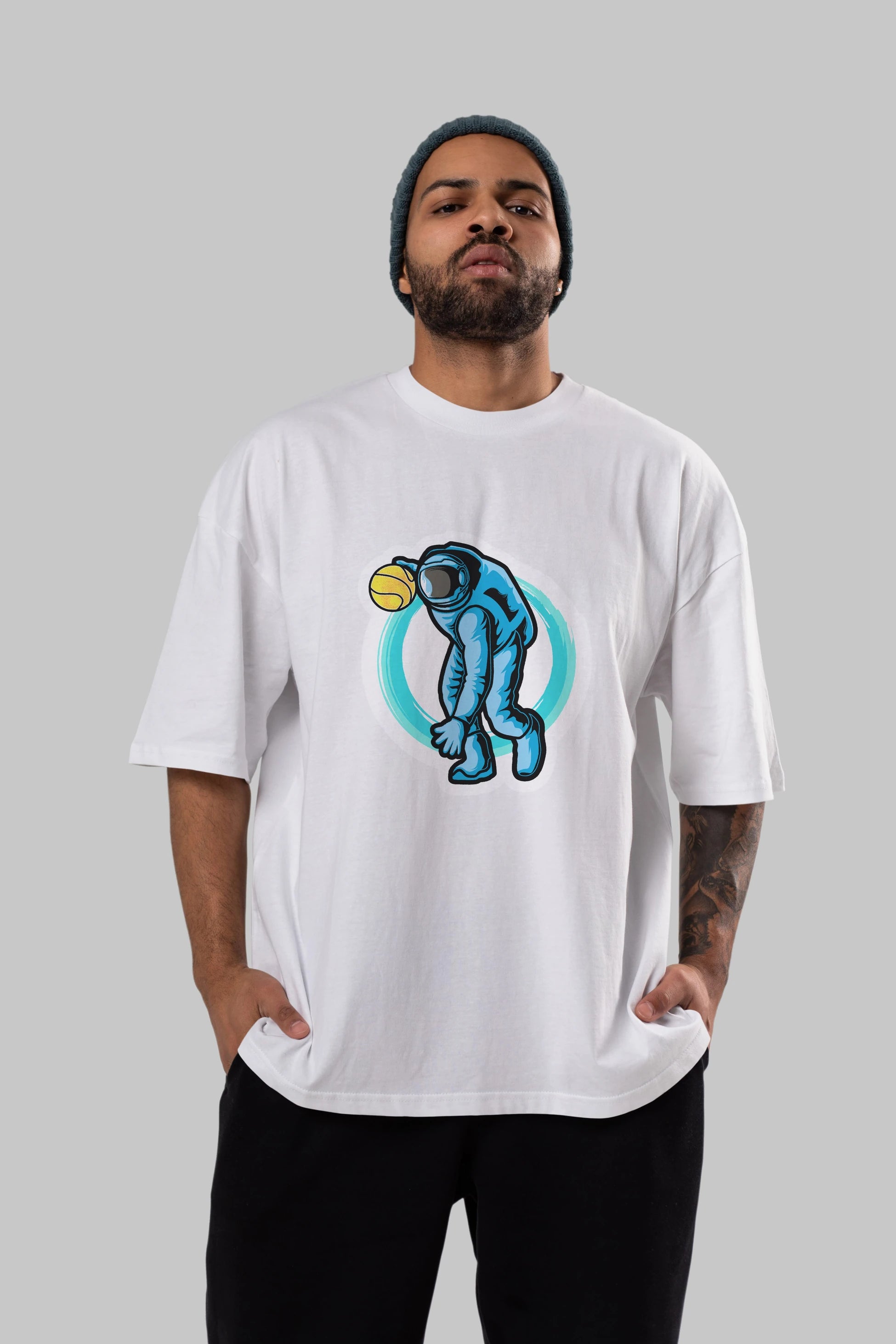 Astronaut Dribble Sticker Ön Baskılı Oversize t-shirt Erkek Kadın Unisex