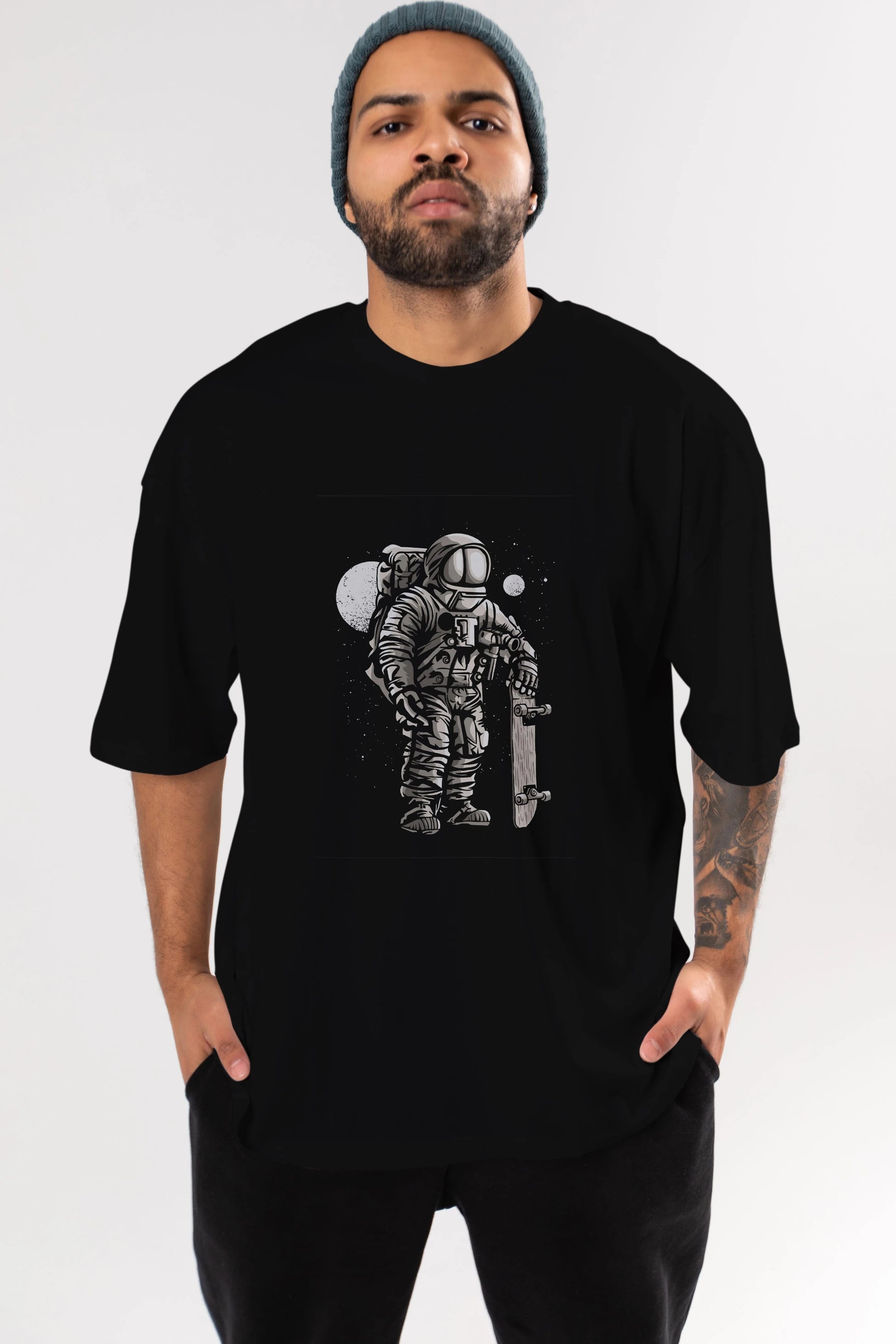 Astronaut Skater Ön Baskılı Oversize t-shirt Erkek Kadın Unisex %100 Pamuk tişort