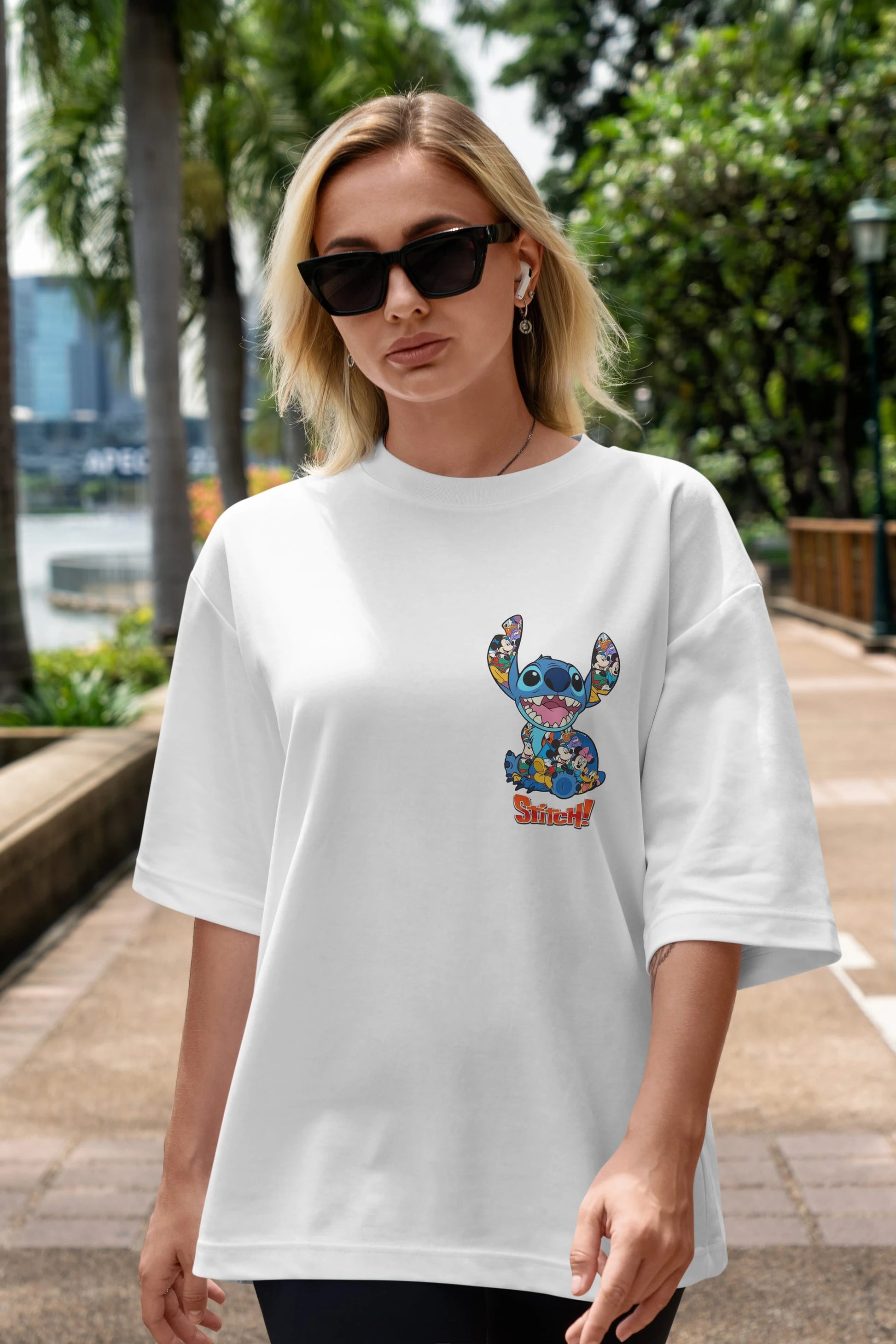 Stitch Ön Sol Baskılı Oversize t-shirt Erkek Kadın Unisex %100 Pamuk Bisiklet Yaka tişort