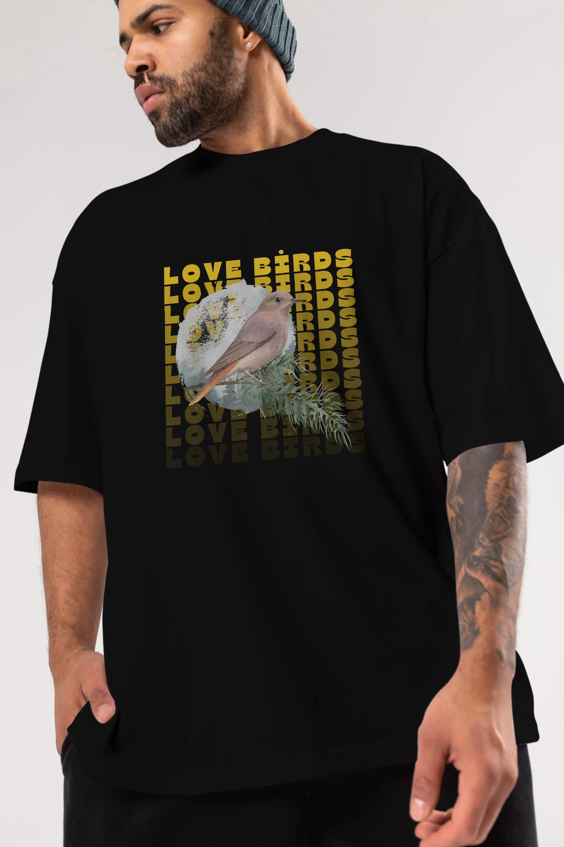 Love Birds Yazılı Ön Baskılı Oversize t-shirt Erkek Kadın Unisex