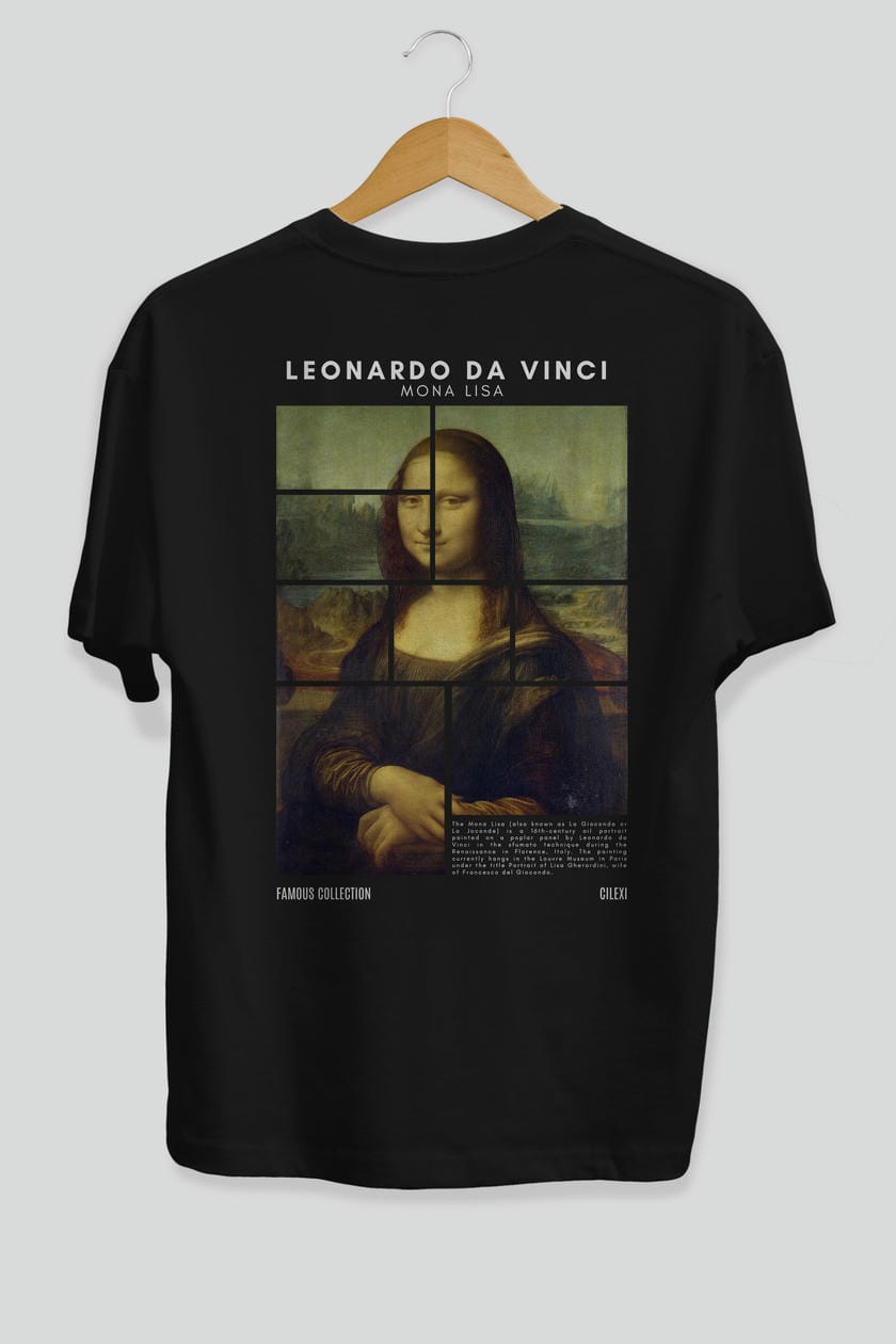 Leonardo Da Vinci Mona Lisa Arka Baskılı Oversize t-shirt Erkek Kadın Bisiklet Yaka Pamuk tişort