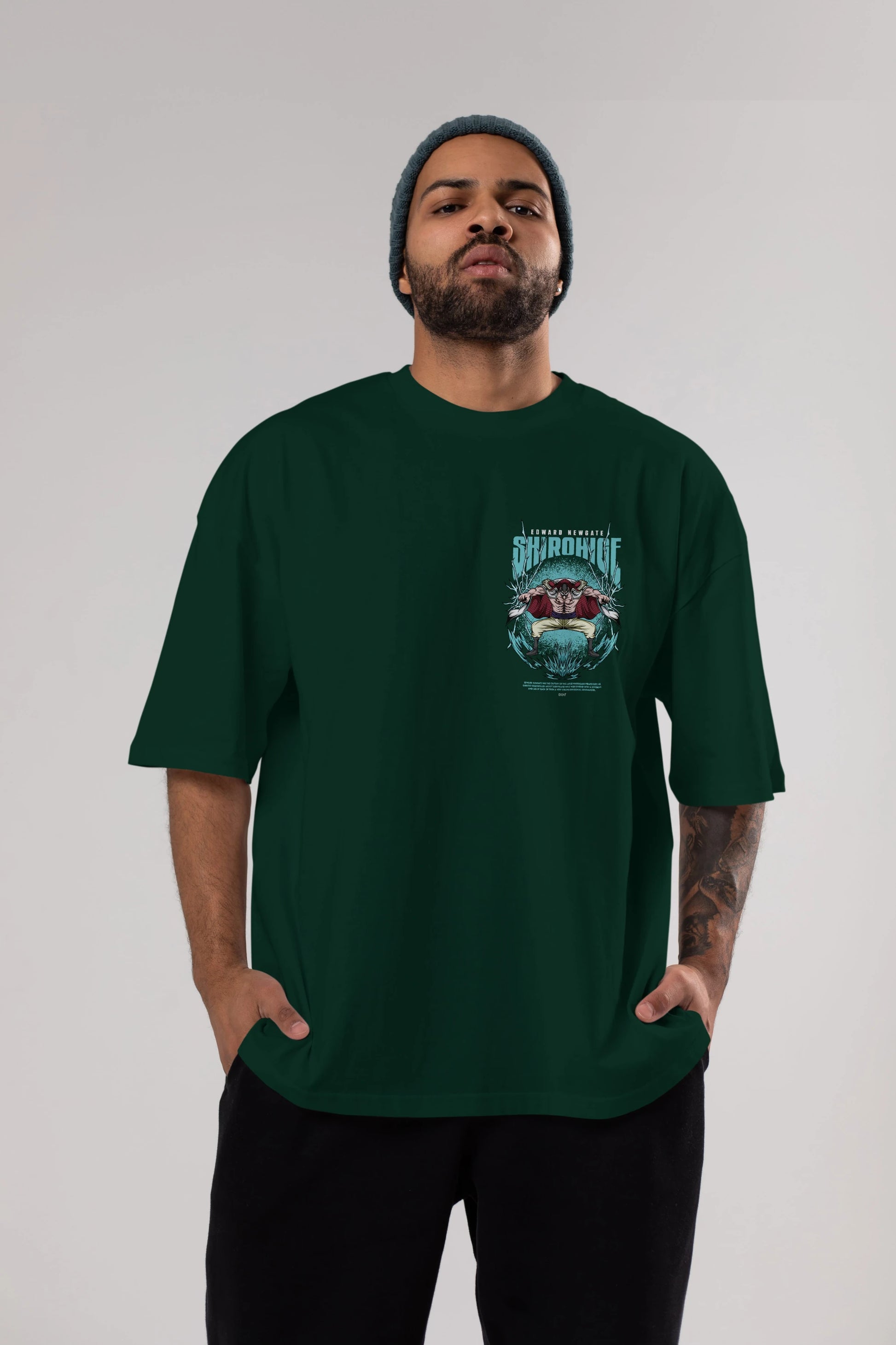 Shirohige Ön Sol Baskılı Oversize t-shirt Erkek Kadın Unisex %100 Pamuk Bisiklet Yaka tişort