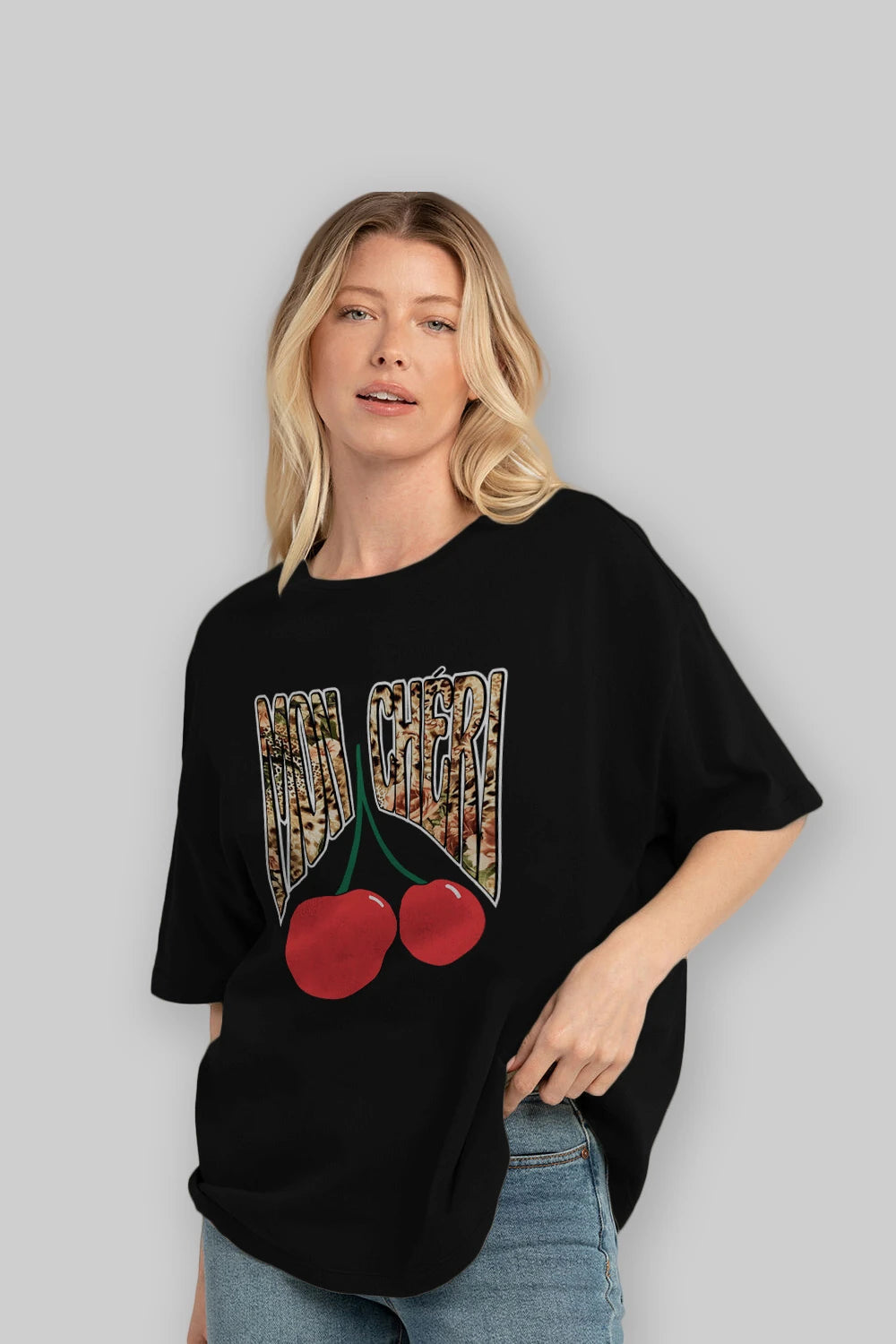 Mon Cherry Cherries Ön Baskılı Oversize t-shirt Erkek Kadın Pamuk Bisiklet Yaka tişort