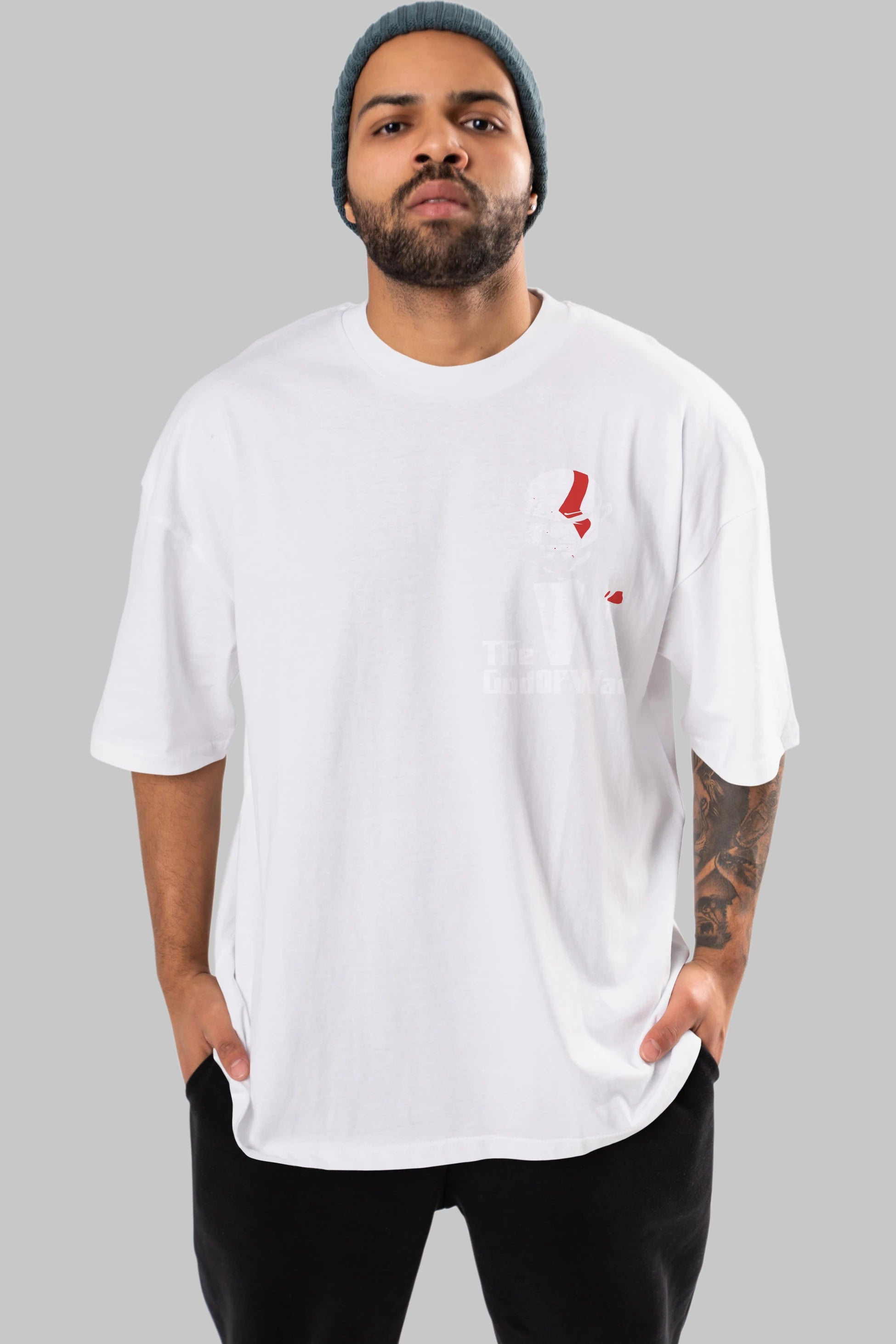 The God of War Ön Sol Baskılı Oversize t-shirt Erkek Kadın Unisex %100 Pamuk Bisiklet Yaka tişort
