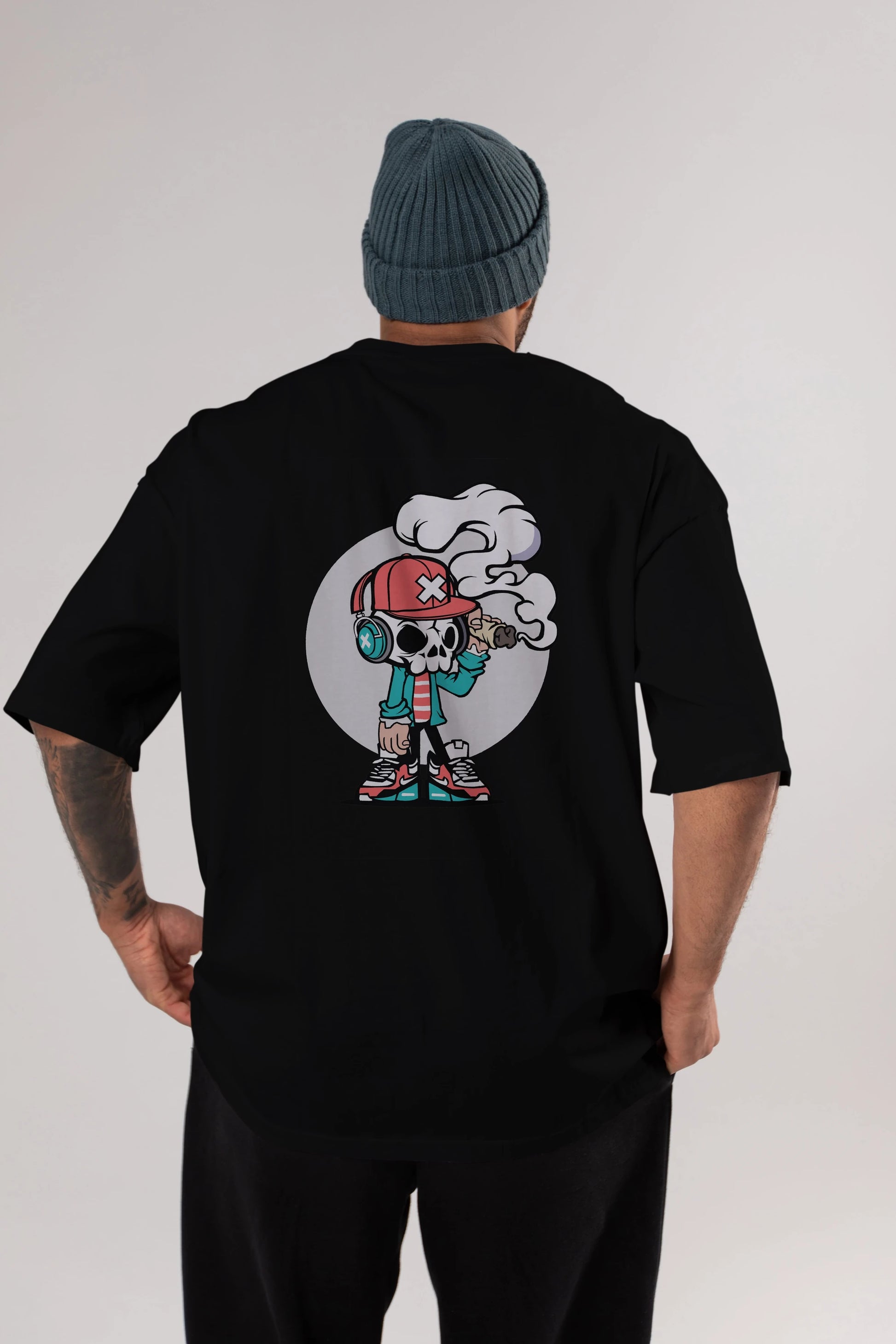 Skull Headphone Arka Baskılı Oversize t-shirt Erkek Kadın Unisex %100 Pamuk tişort