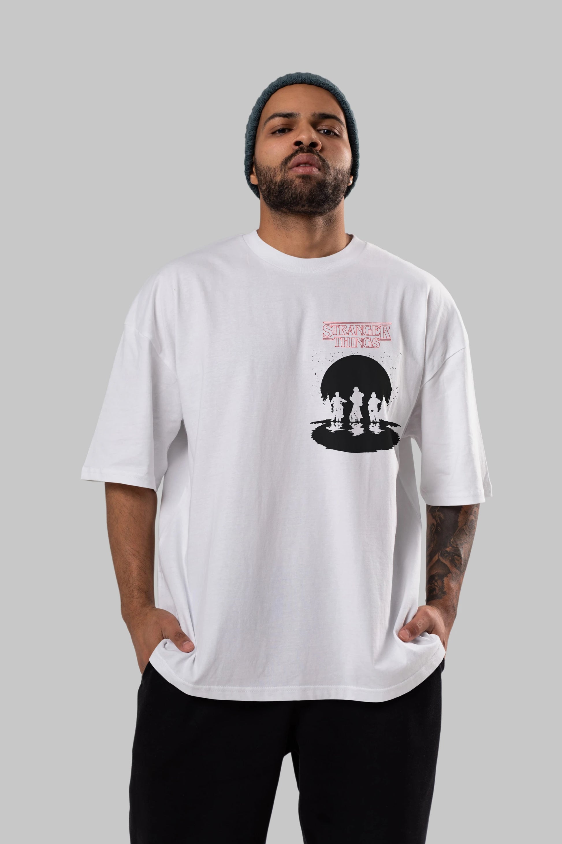 Stranger Things Ön Sol Baskılı Oversize t-shirt Erkek Kadın Unisex %100 Pamuk Bisiklet Yaka tişort