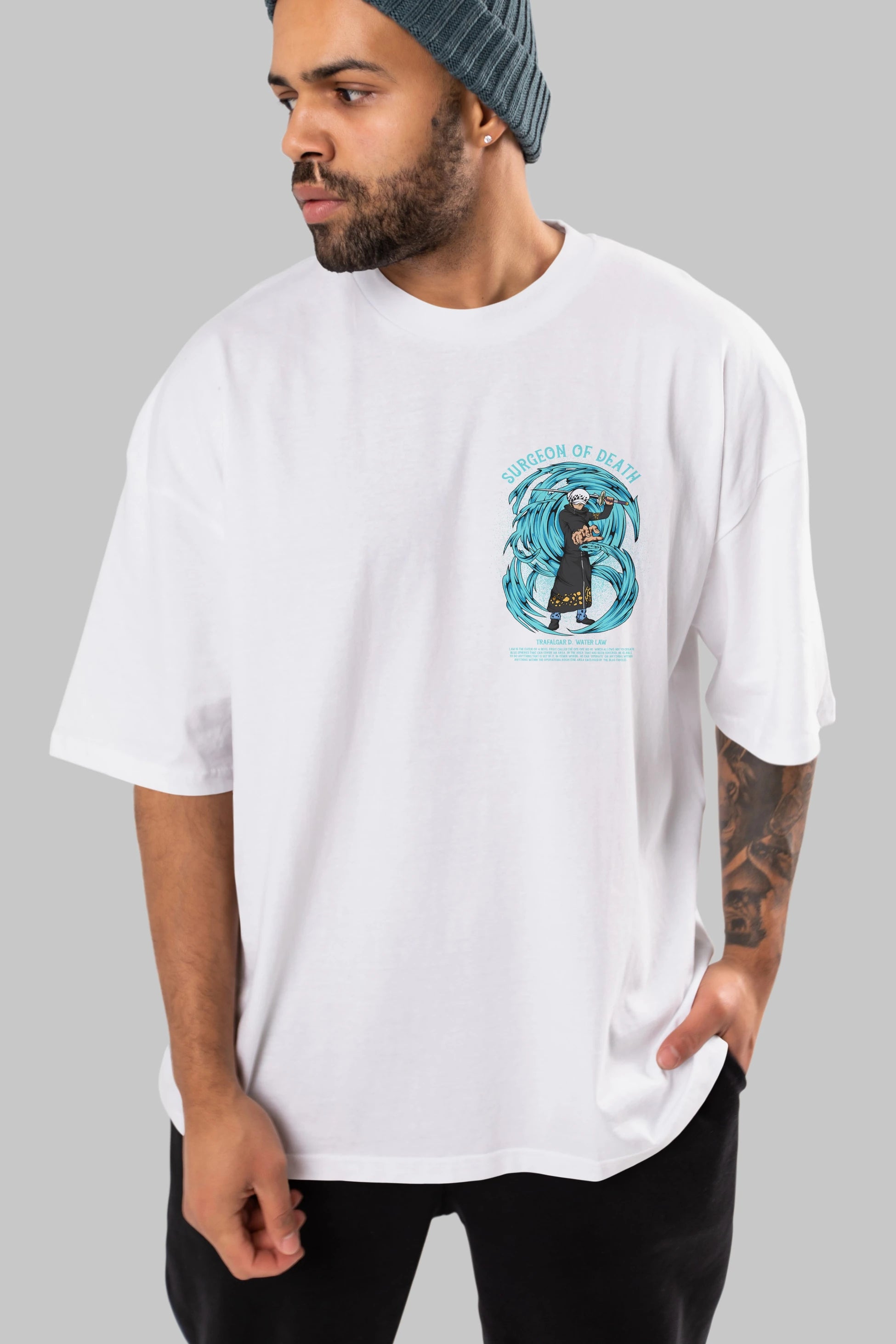 Trafalgad D. Water Law Ön Sol Baskılı Oversize t-shirt Erkek Kadın Unisex %100 Pamuk Bisiklet Yaka tişort