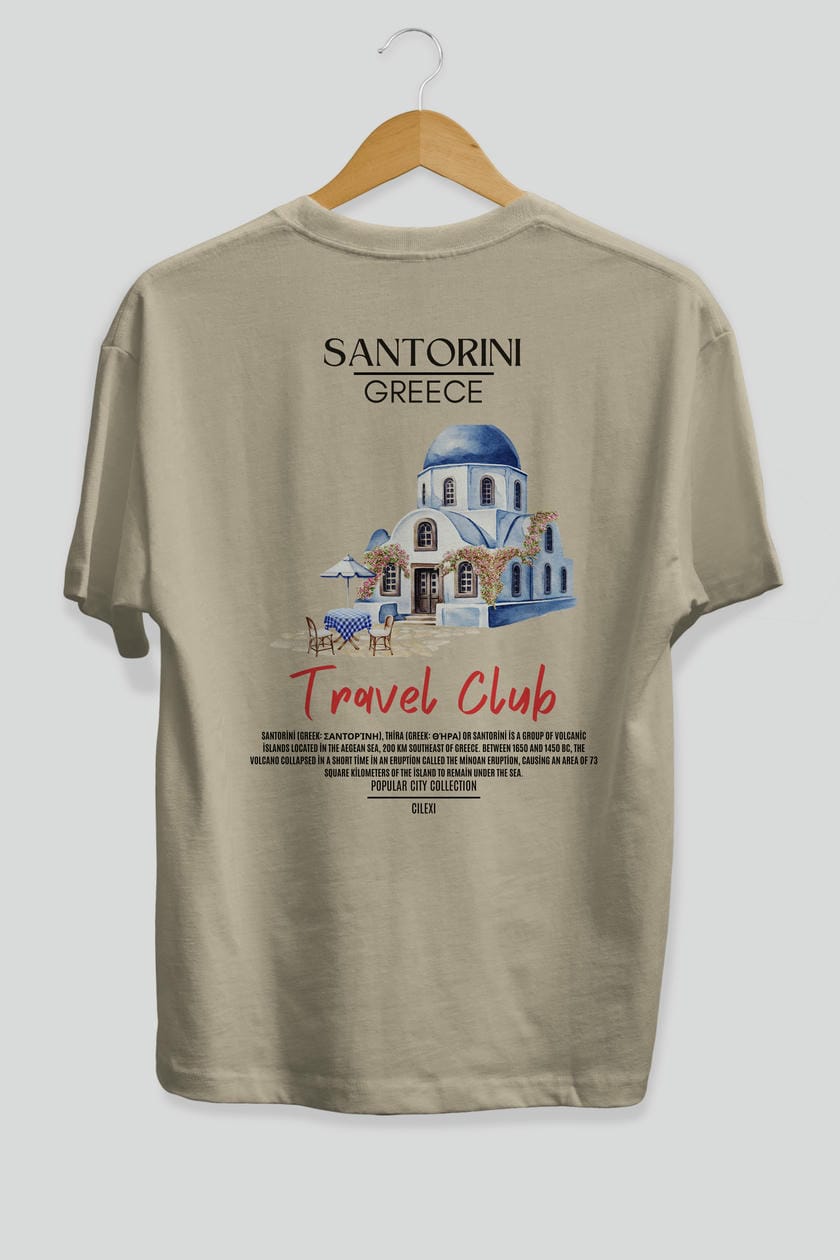 Santorini Greece Arka Baskılı Oversize t-shirt Erkek Kadın Pamuk Bisiklet Yaka tişort