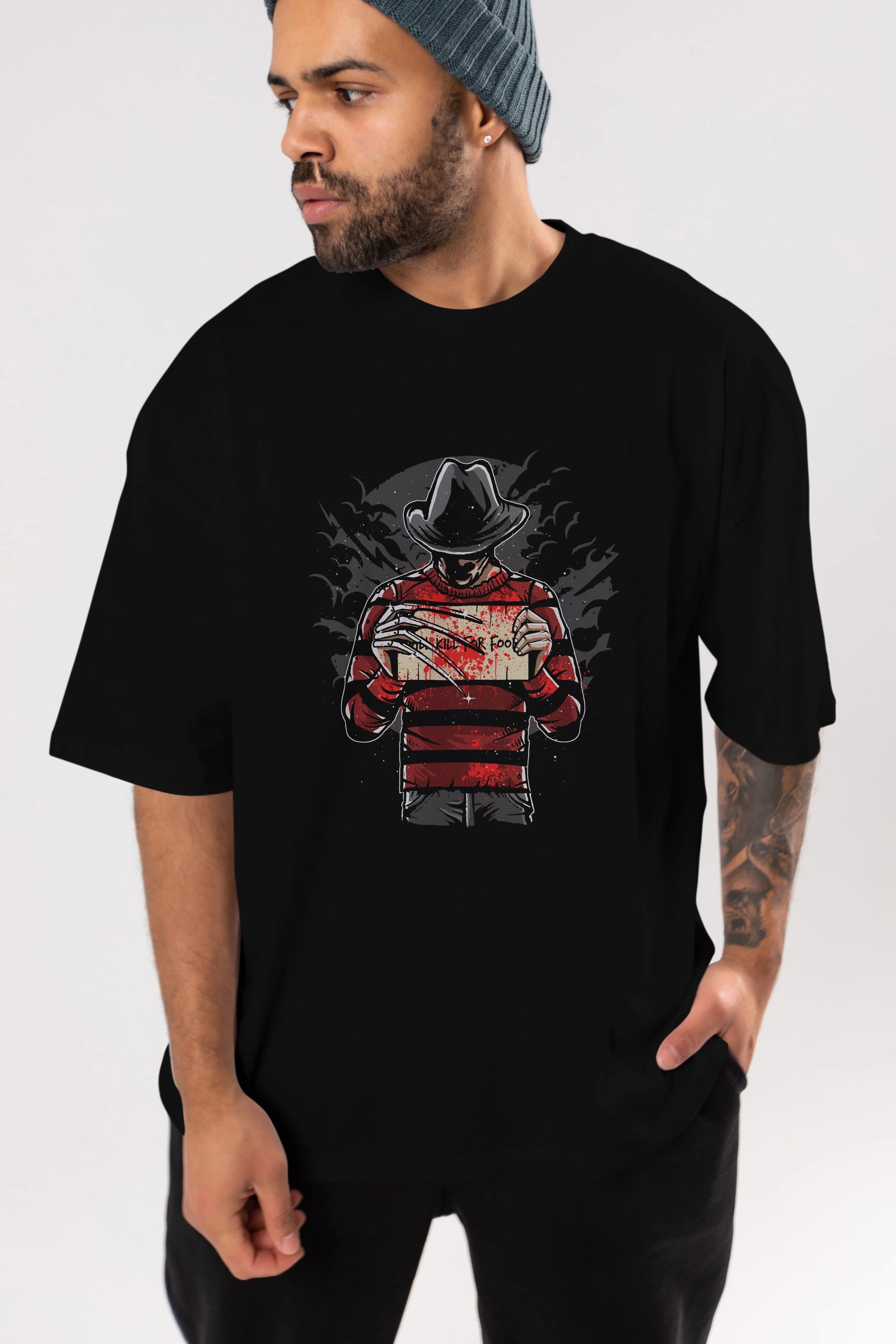Freddy Will Kill For Food Ön Baskılı Oversize t-shirt Erkek Kadın Unisex %100 Pamuk tişort