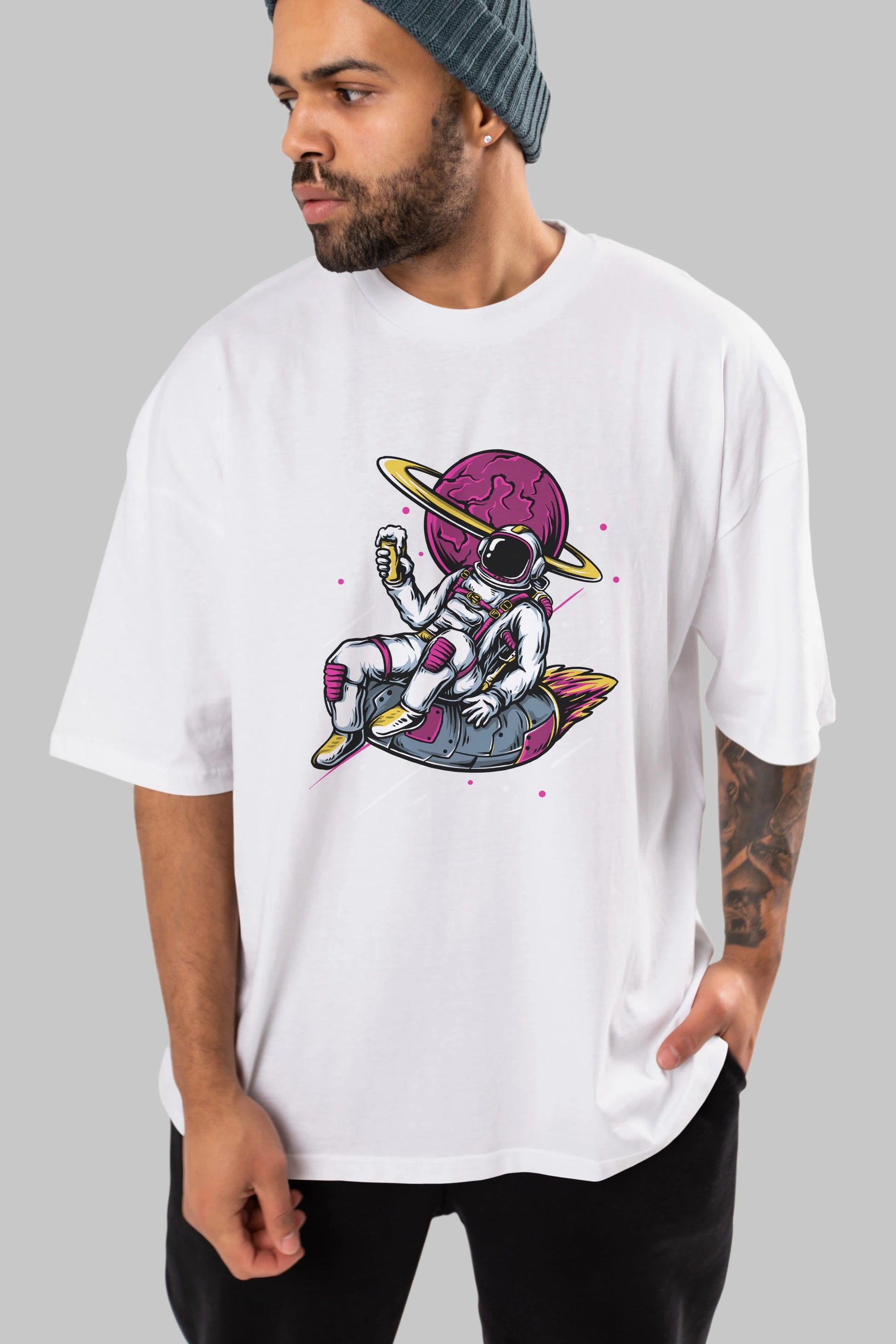 Astronaut Beer Ön Baskılı Oversize t-shirt Erkek Kadın Unisex