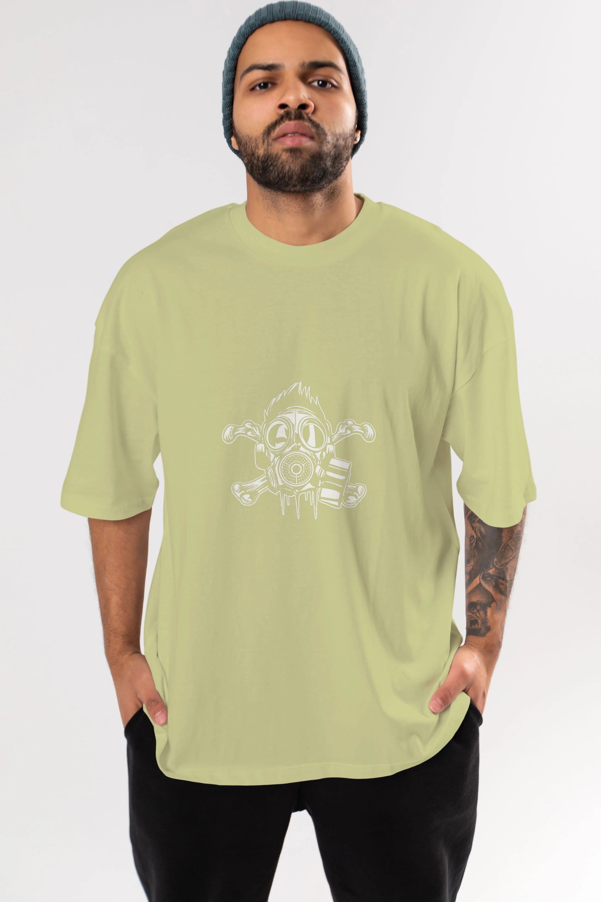 Cross Bones Gasmask Ön Baskılı Oversize t-shirt Erkek Kadın Unisex %100 Pamuk tişort