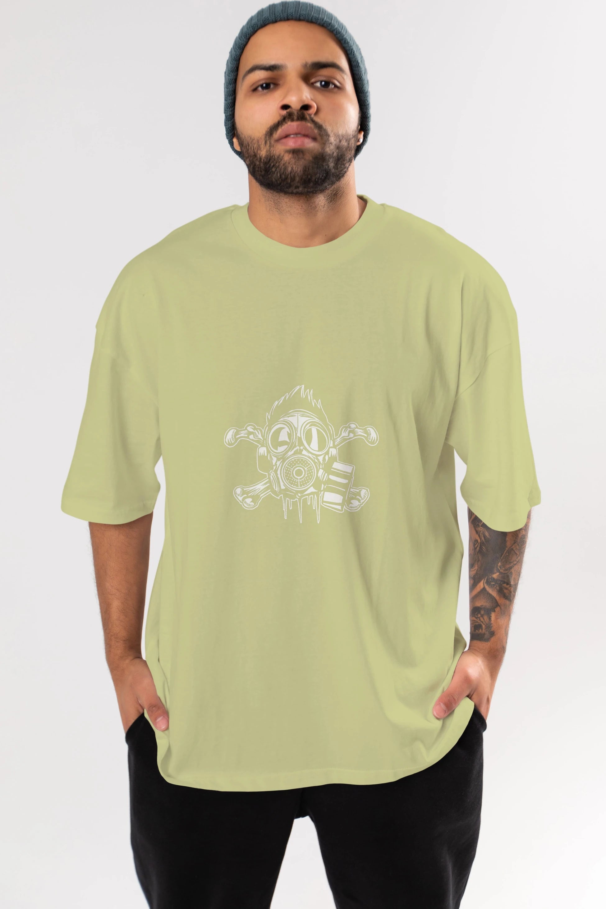 Cross Bones Gasmask Ön Baskılı Oversize t-shirt Erkek Kadın Unisex %100 Pamuk tişort