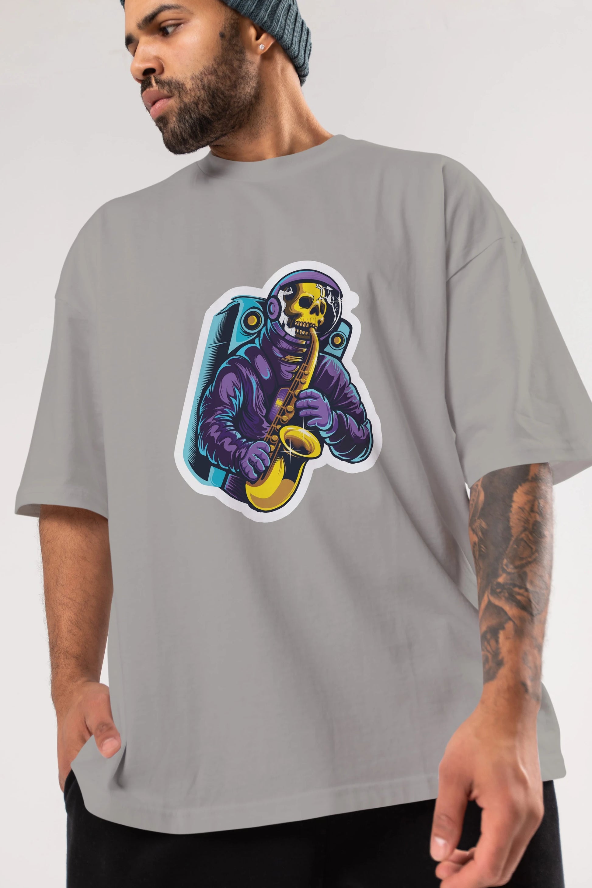Astroskull Saxophonist Sticker Ön Baskılı Oversize t-shirt Erkek Kadın Unisex